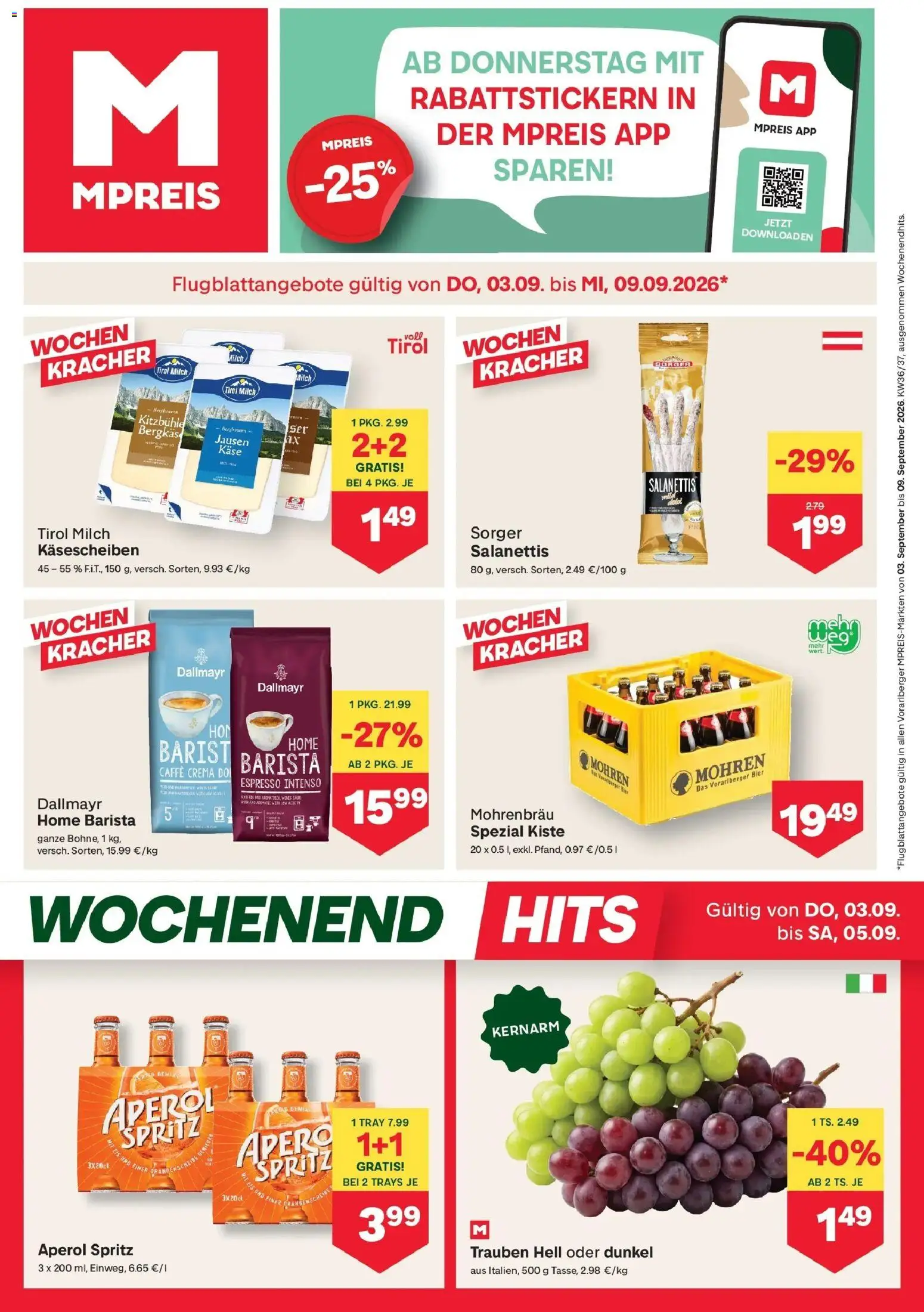 MPREIS St.Gallenkirch von 03.09.2026 - Aktuelle Angebote | Seite: 1 | Produkte: Aperol, Milch, Käse, Bier