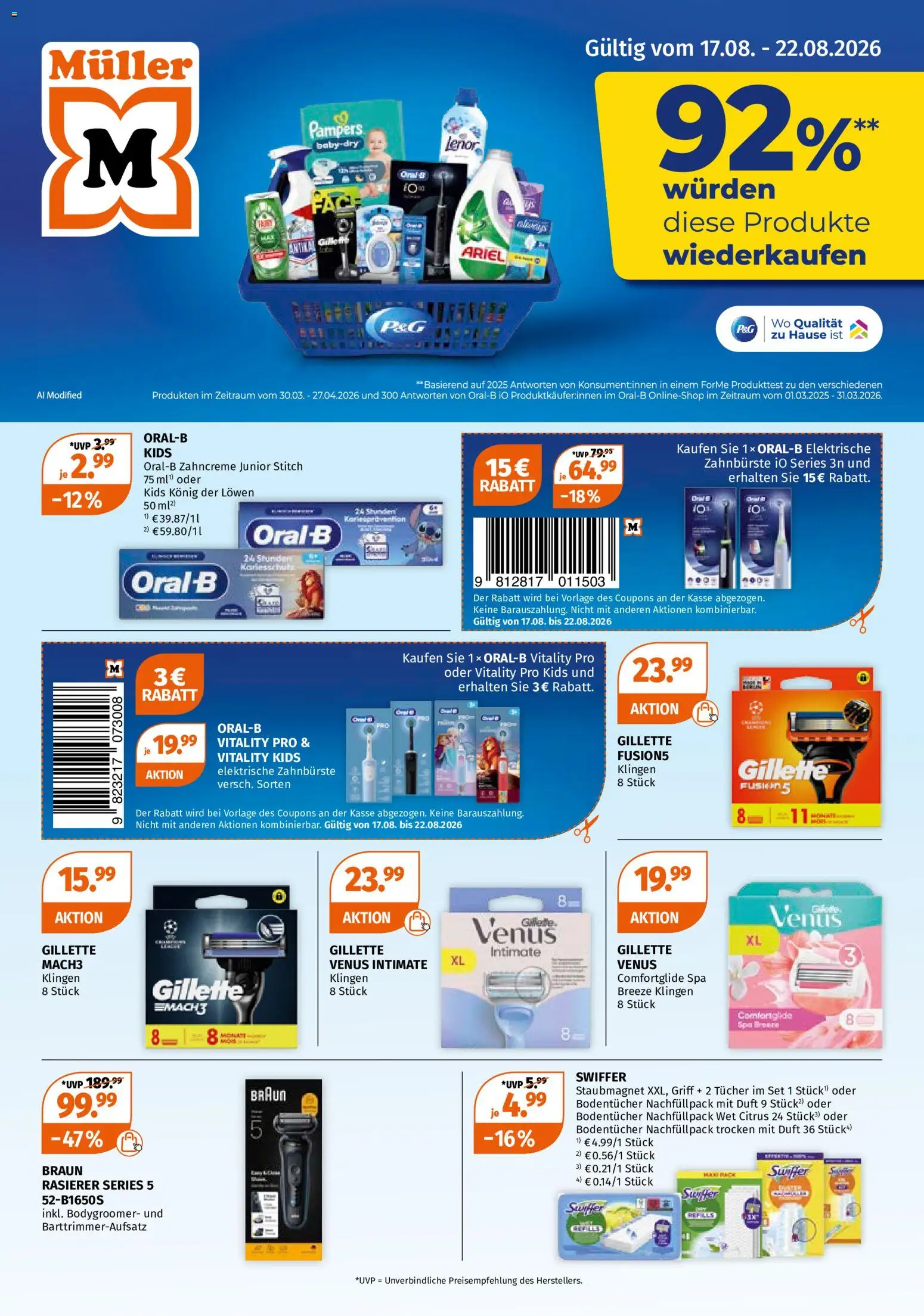 Müller Drogerie-Highlights – gültig ab 17.08.2026 | Seite: 1 | Produkte: Elektrische zahnbürste, Pampers, Zahnbürste, Swiffer