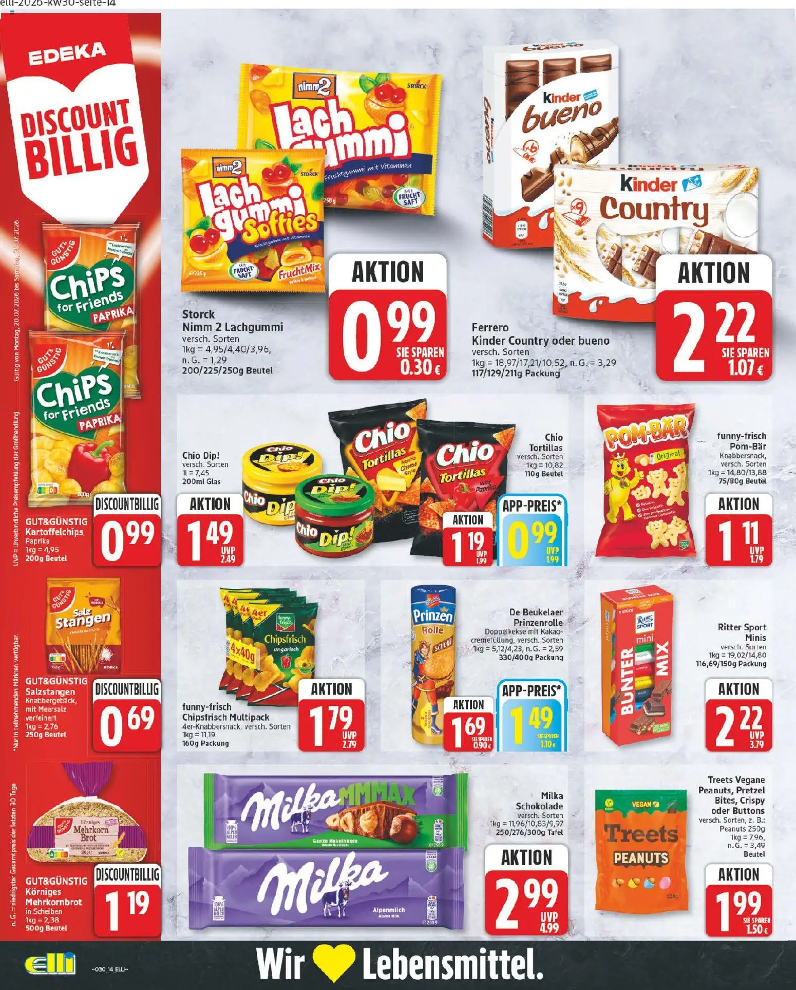 Elli Markt Prospekt – gültig ab 20.07.2026 | Seite: 14 | Produkte: Schokolade, Chio tortillas, Brot, Chips