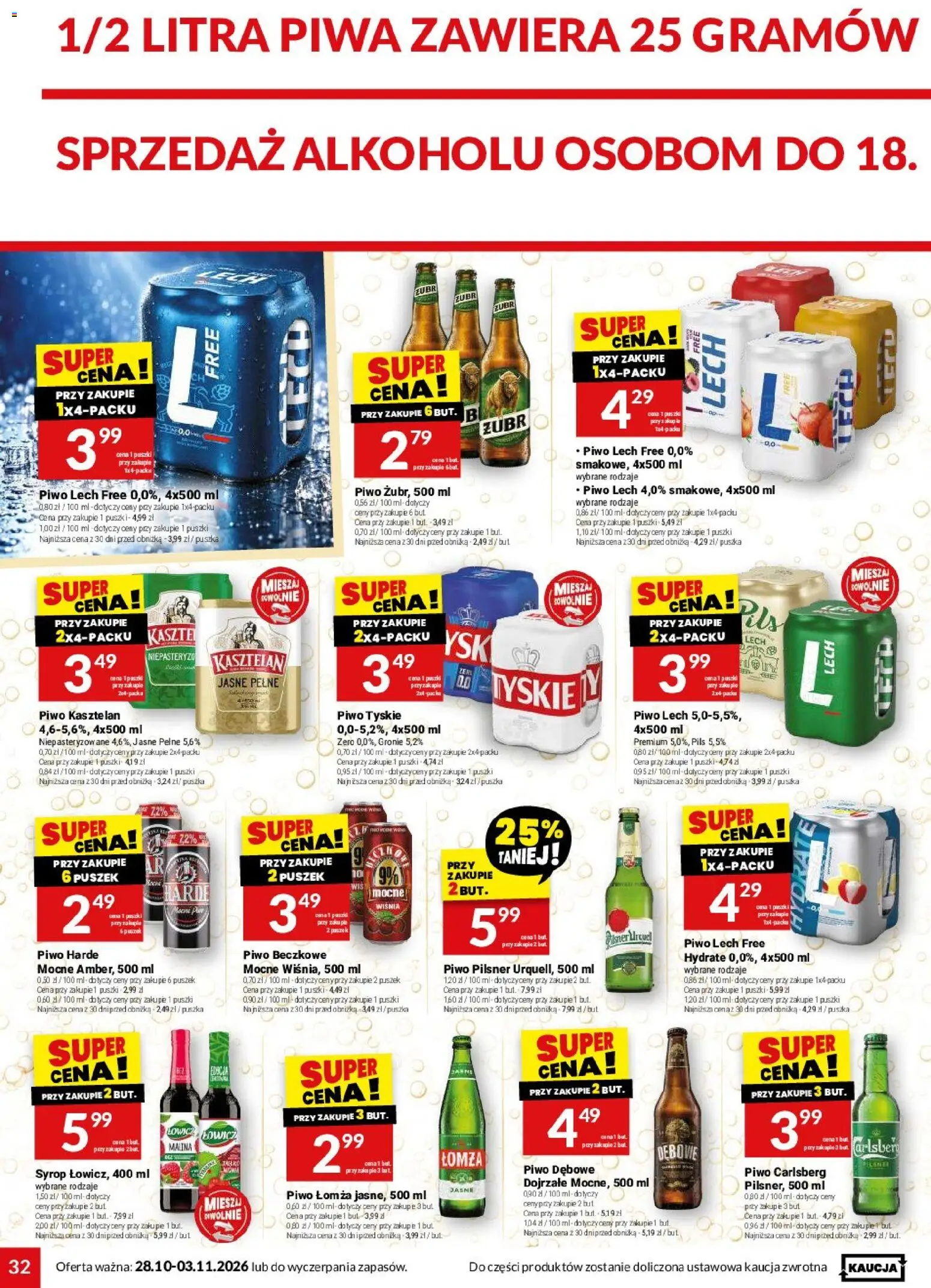 Twój Market gazetka od 28.10.2026 | Strona: 32 | Produkty: Syrop, Carlsberg, Tyskie, Piwo