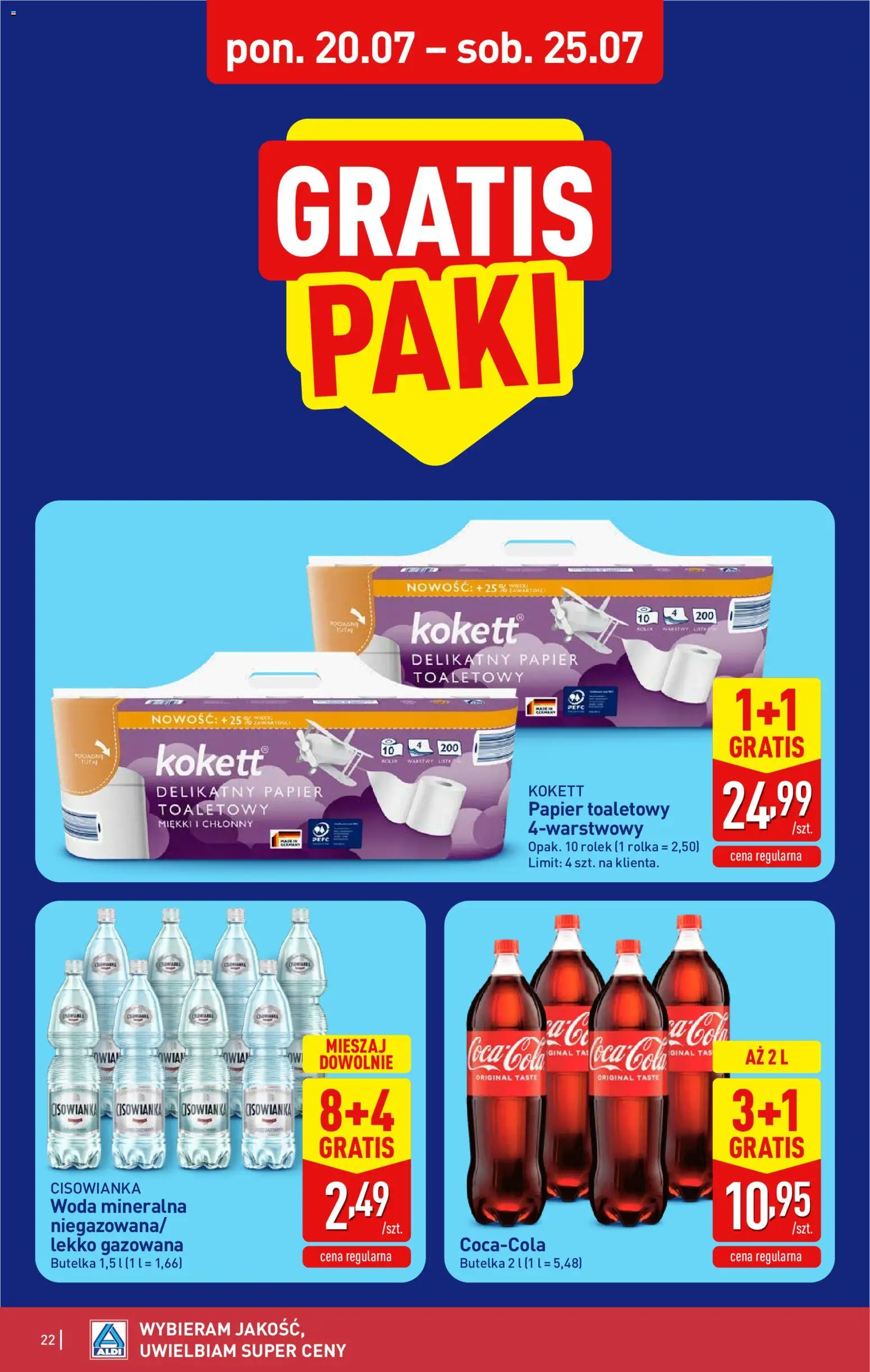 Aldi gazetka od 20.07.2026 | Strona: 22 | Produkty: Papier toaletowy, Woda