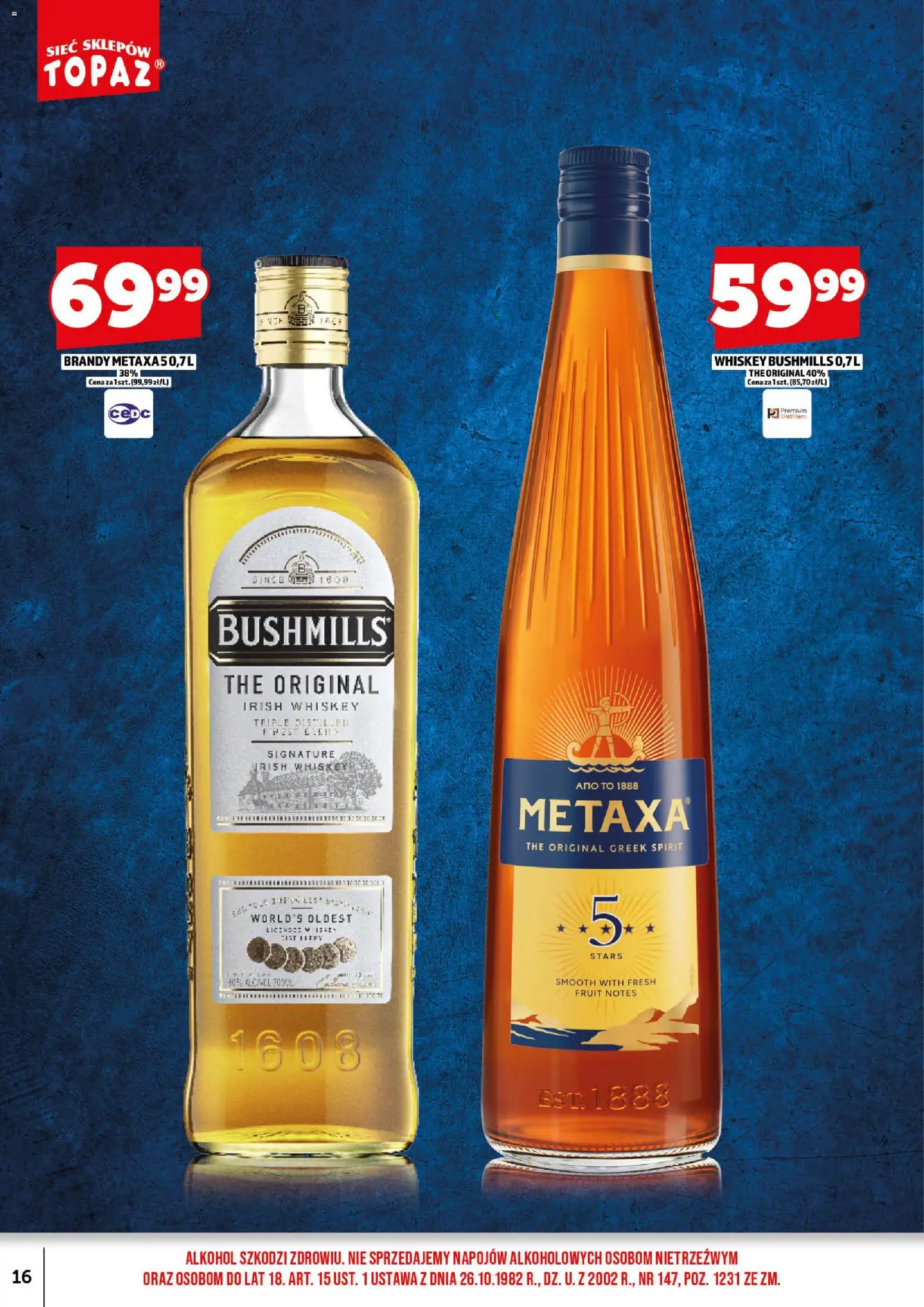 Topaz gazetka alkoholowa od 01.09.2026 | Strona: 18 | Produkty: Irish whiskey, Metaxa, Brandy, Alkohol