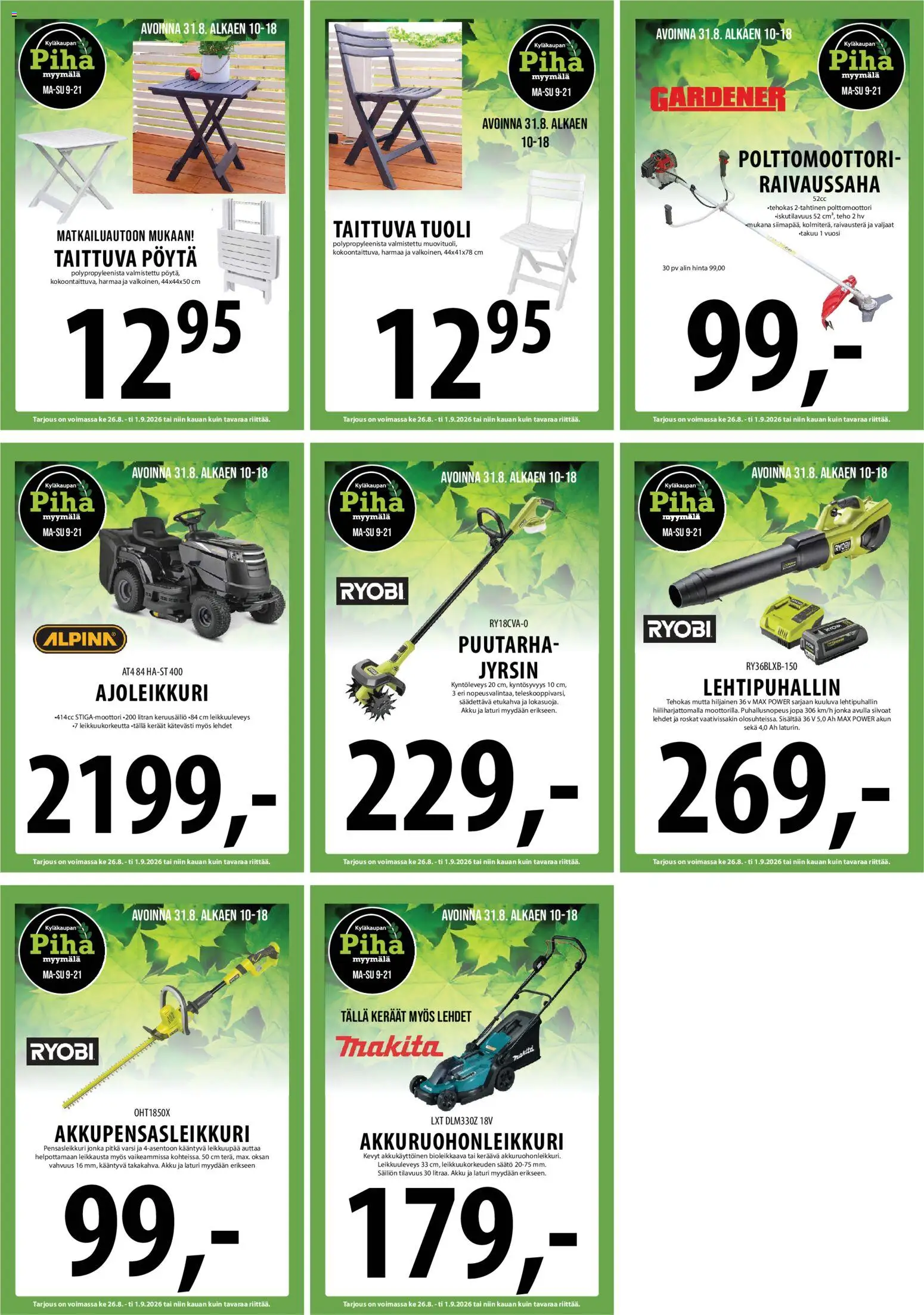 Tuuri tarjoukset – voimassa 26/08/2026 alkaen | Sivu: 25 | Tuotteet: Raivaussaha, Pöytä, Akku, Lehtipuhallin