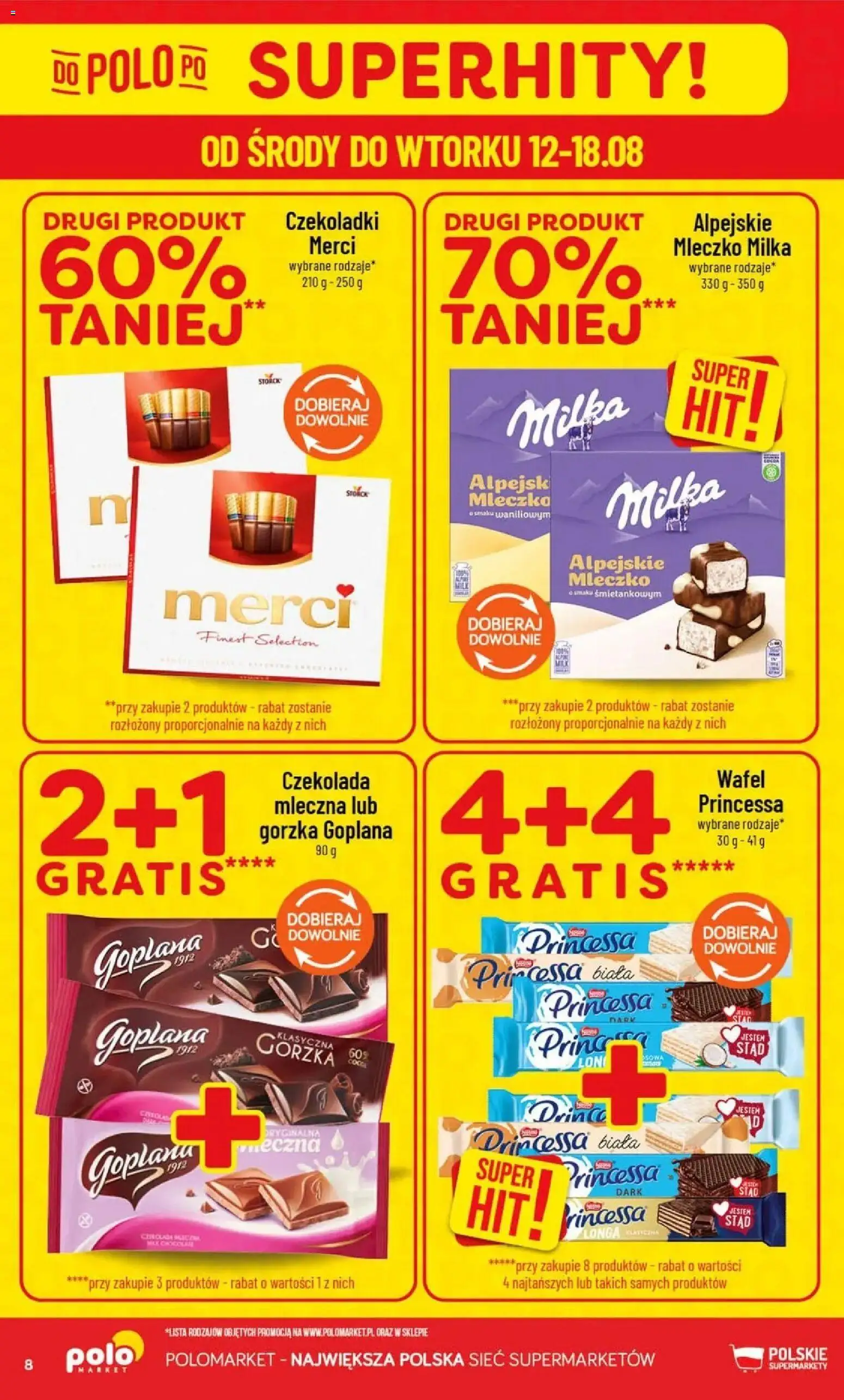 Nowa POLOmarket gazetka od jutra 12.08.2026 | Strona: 8 | Produkty: Czekoladki, Merci, Milka, Czekolada