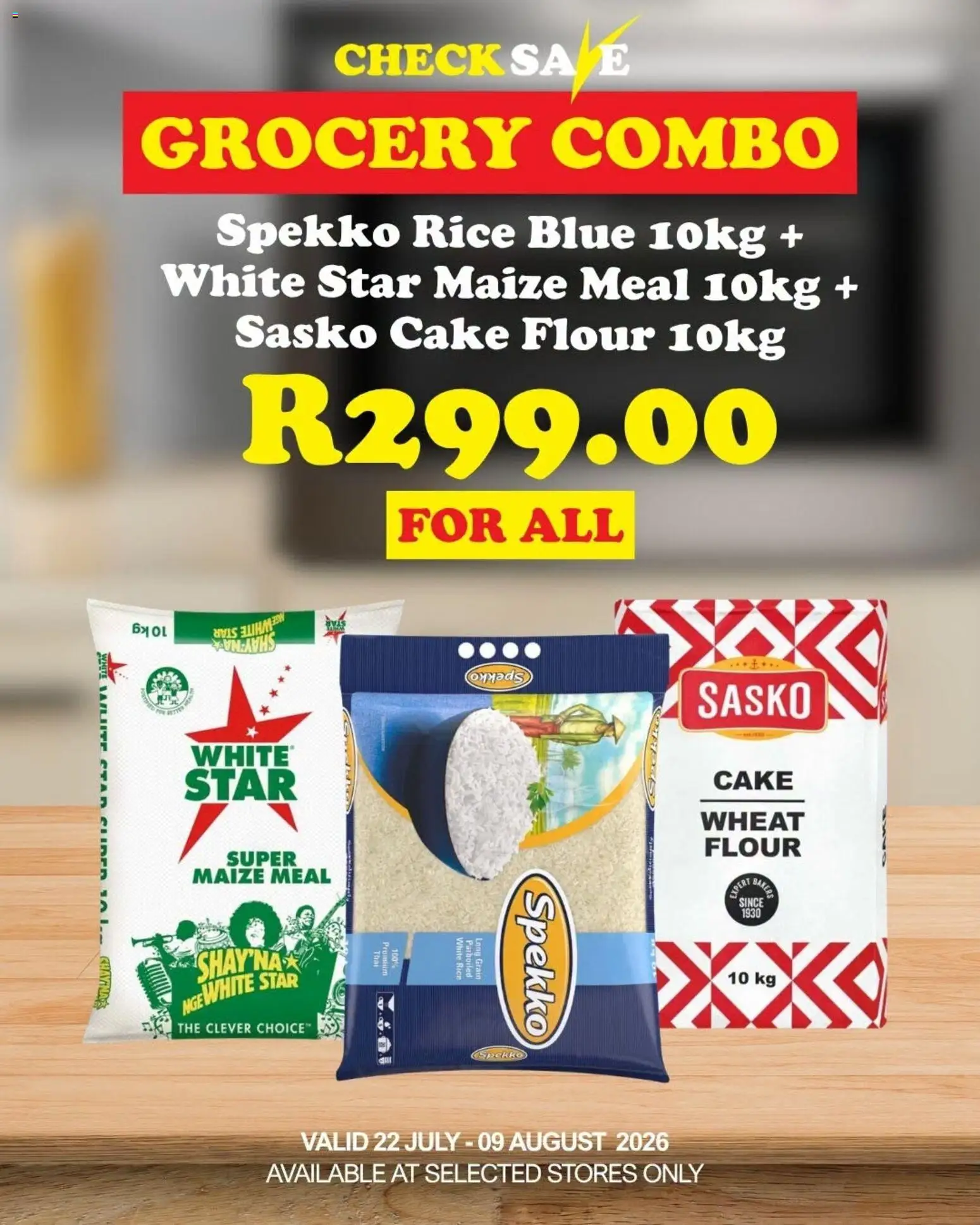 New Check Save catalogue – valid from 22/07/2026 | Page: 1 | Products: Cake, Flour, Maize meal, Rice