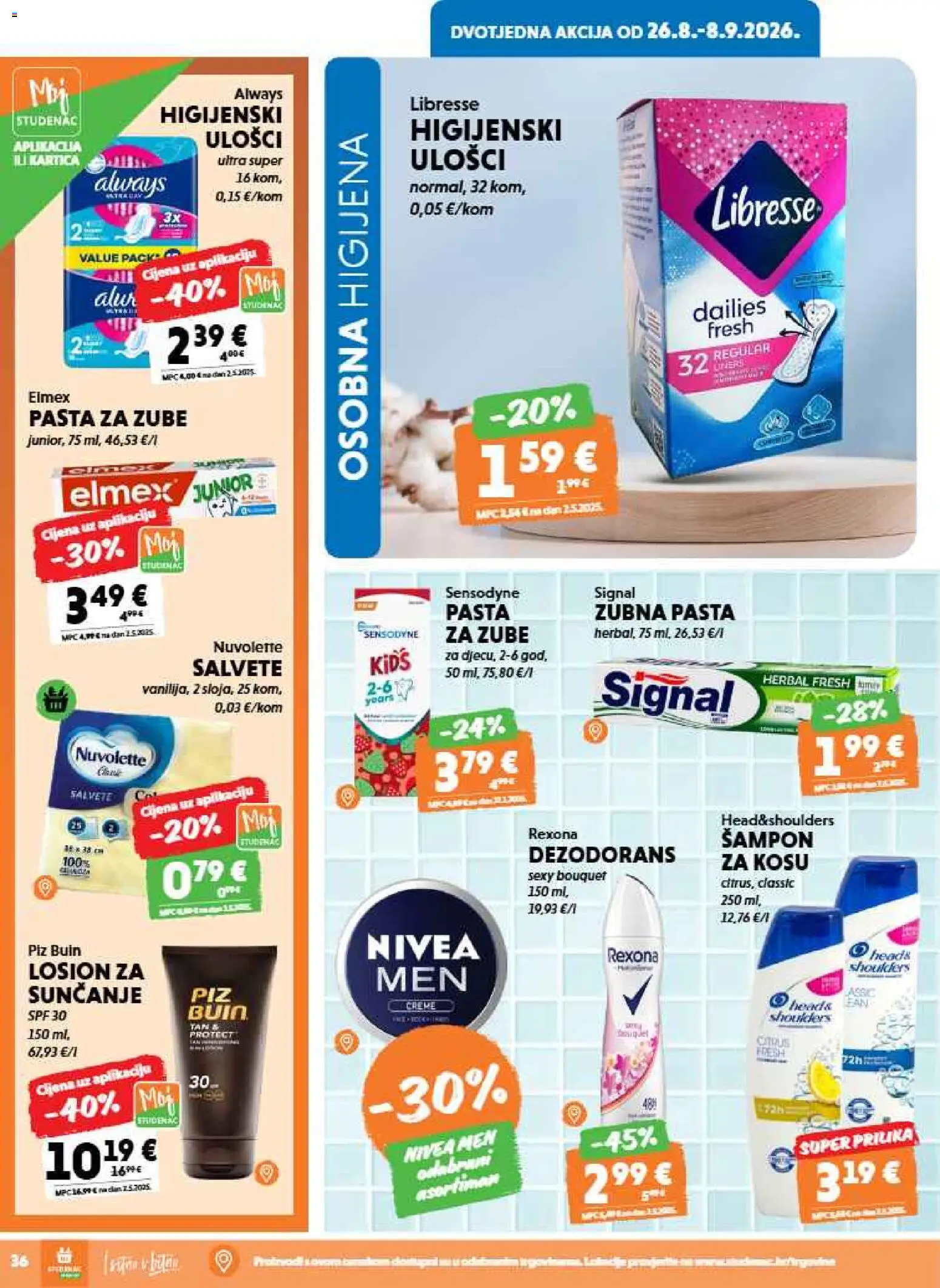 Studenac katalog | vrijedi od 26.08.2026 | Stranica: 36 | Proizvodi: Šampon, Losion za sunčanje, Salvete, Pasta
