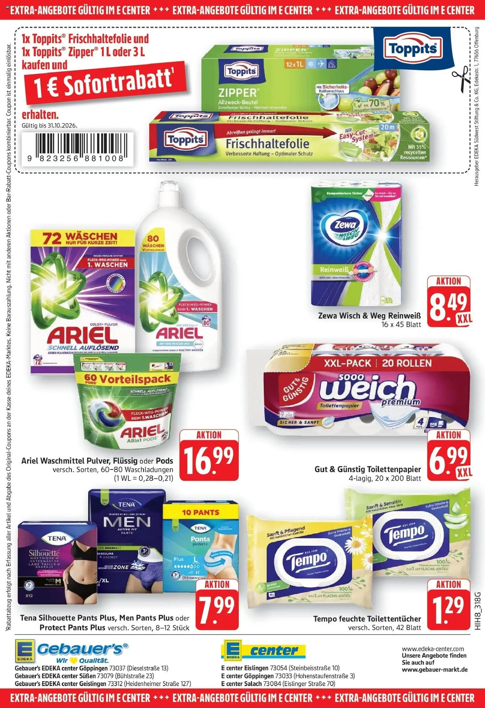 E center Prospekt Eislingen (ab 26.10.2026) zum Blättern | Seite: 28 | Produkte: Ariel, Waschmittel, Tempo, Toilettenpapier