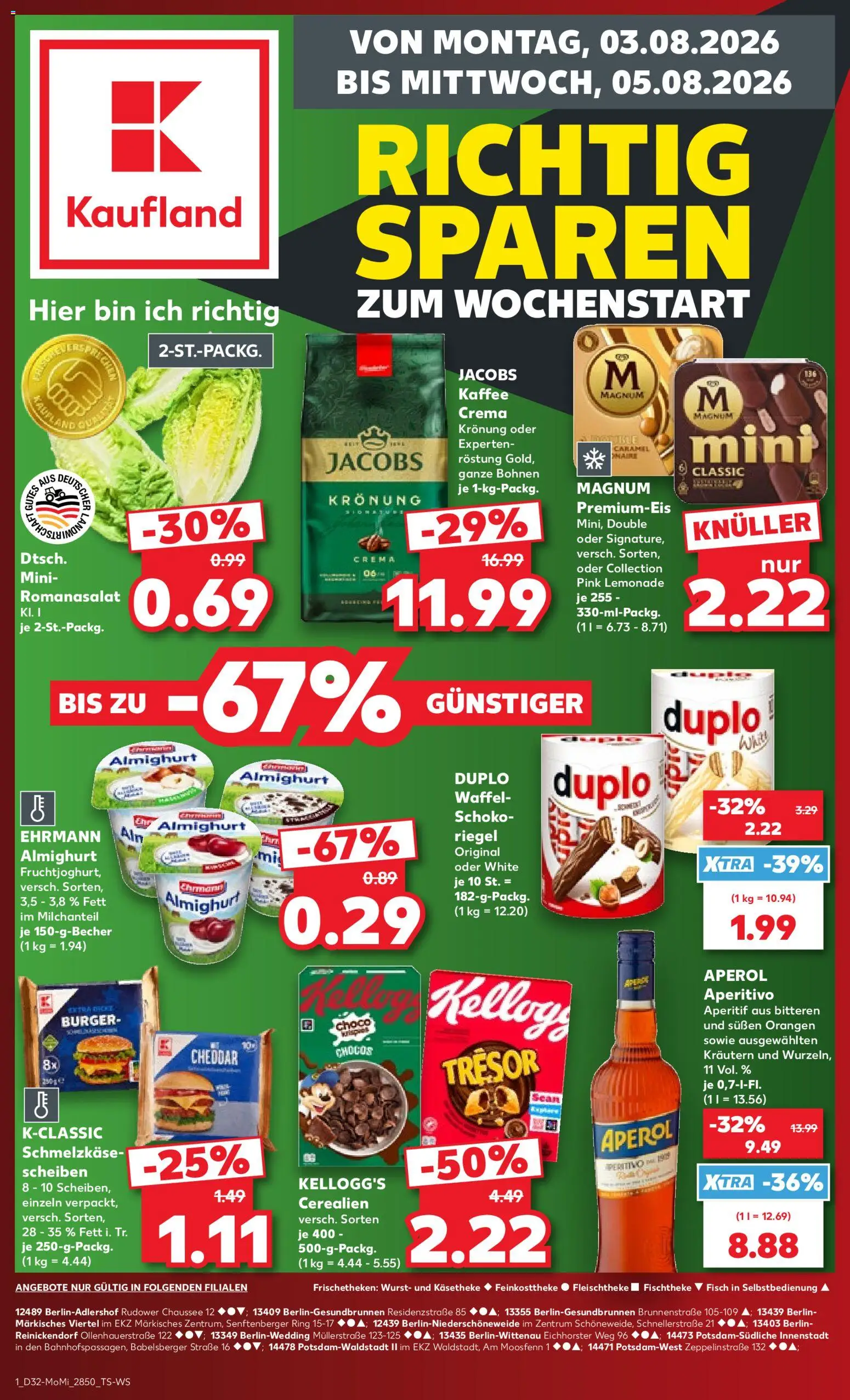 Kaufland Německo leták - Postdam od 03.08.2026 | Strana: 1 | Produkty: Jacobs, Aperitivo, Aperol, Crema
