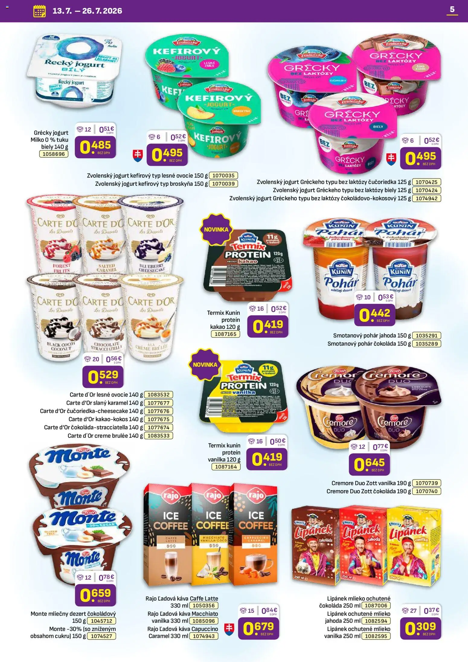 Nové Libex akcie – leták je platný od 13.07.2026 | Strana: 5 | Produkty: Mlieko, Jogurt, Grécky jogurt, Čokoláda