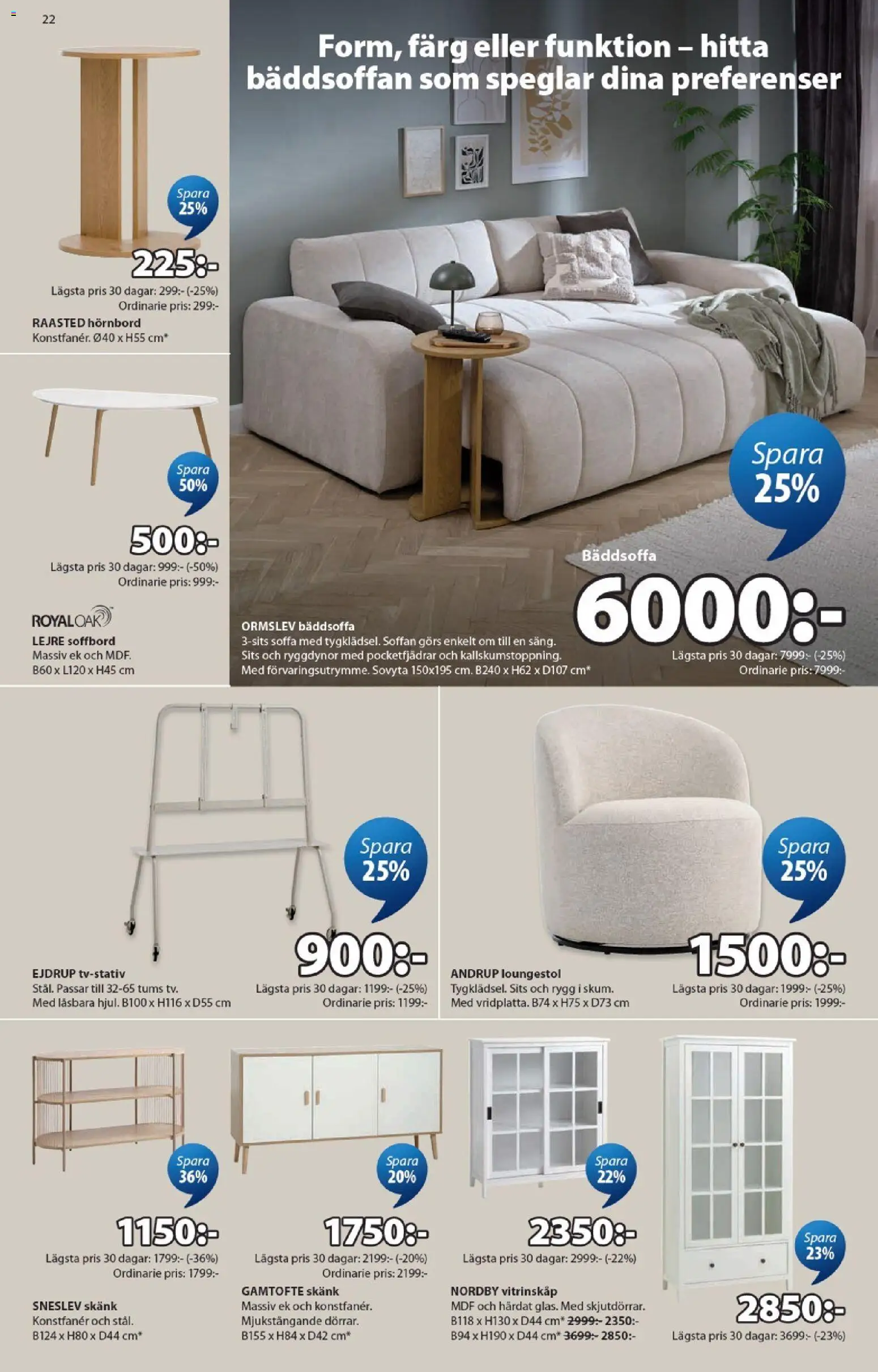 JYSK reklamblad aktuell från 27.04.2026 | Sida: 22 | Produkter: Vitrinskåp, Säng, Soffbord, Skänk