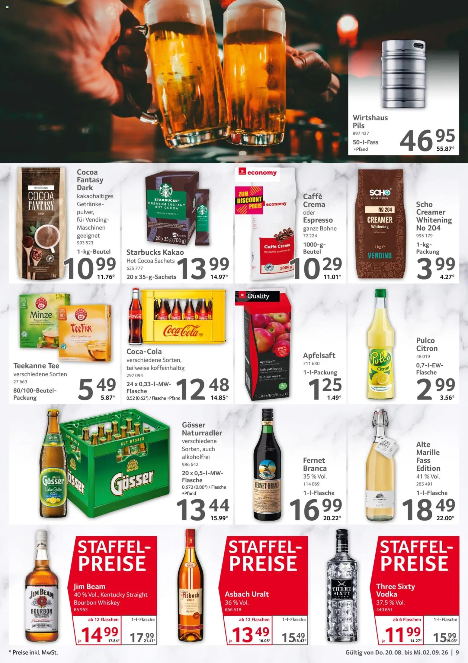 Selgros Gastronomie – gültig ab 20.08.2026 | Seite: 9 | Produkte: Coca cola, Apfelsaft, Vodka, Whiskey