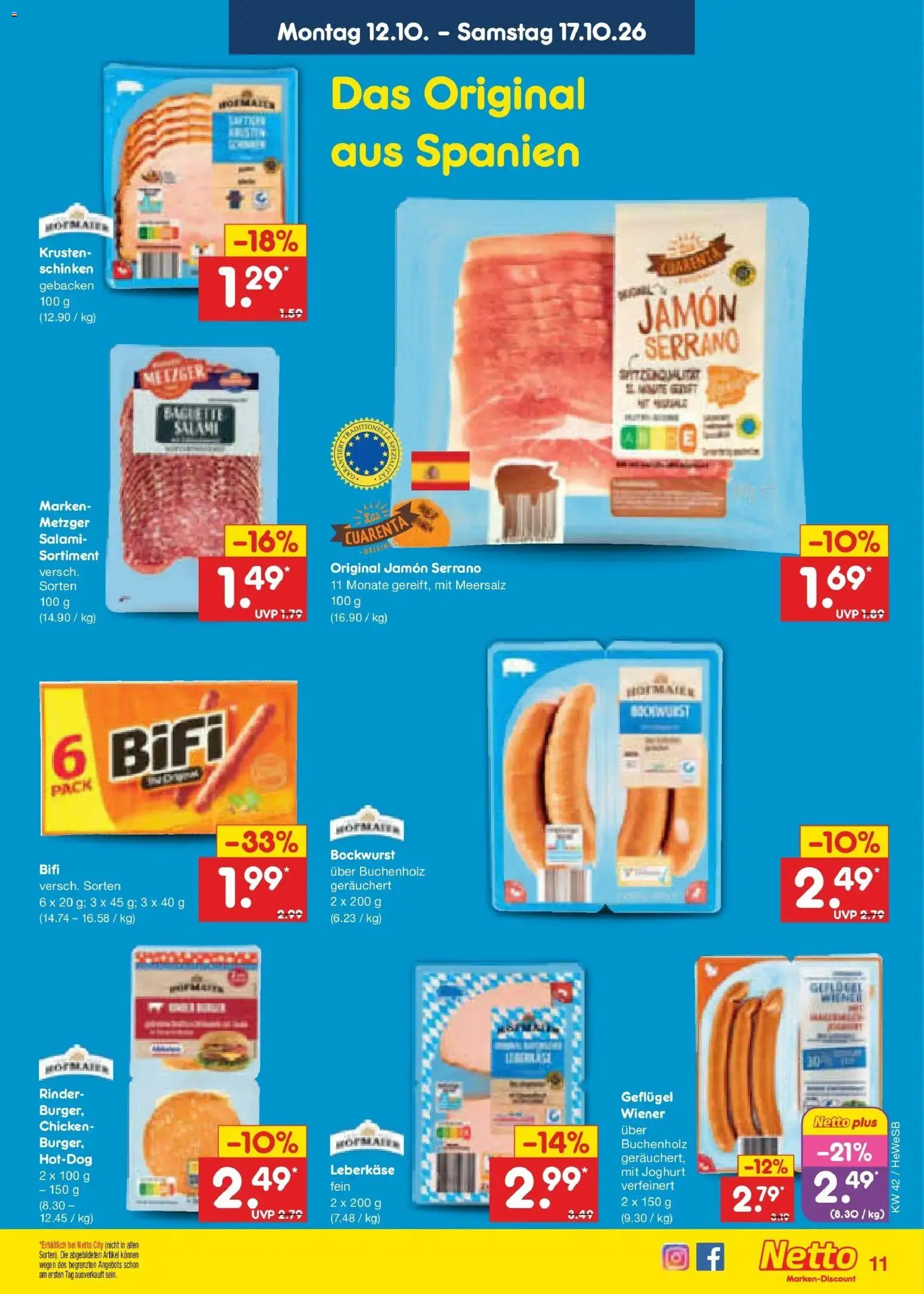 Netto Marken-Discount Prospekt Hamburg (ab 12.10.2026) » Angebote | Seite: 13 | Produkte: Burger, Baguette, Salami, Leberkase