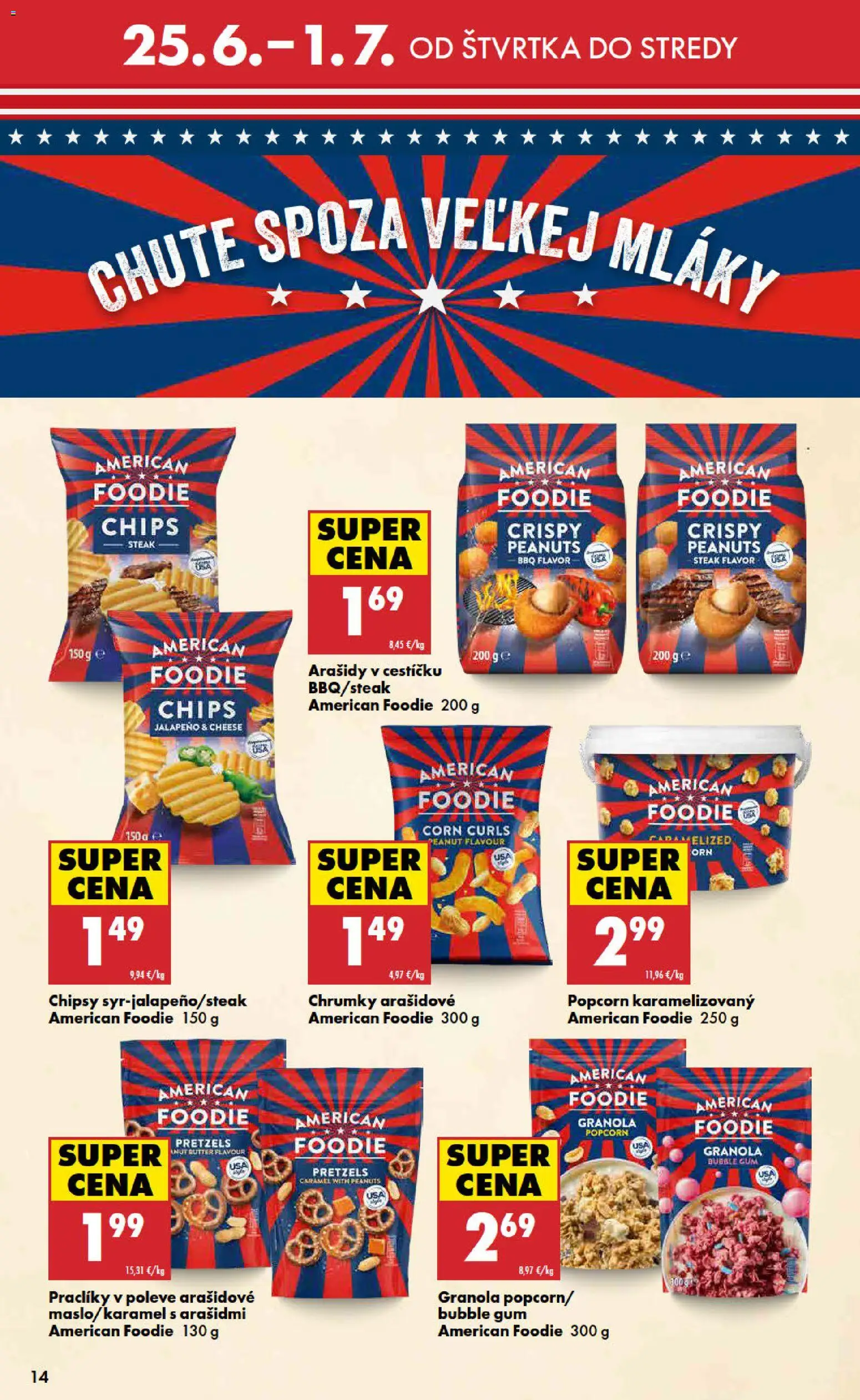 Nové Biedronka akcie – leták je platný od 25.06.2026 | Strana: 14 | Produkty: Chipsy, Steak, Arašidy