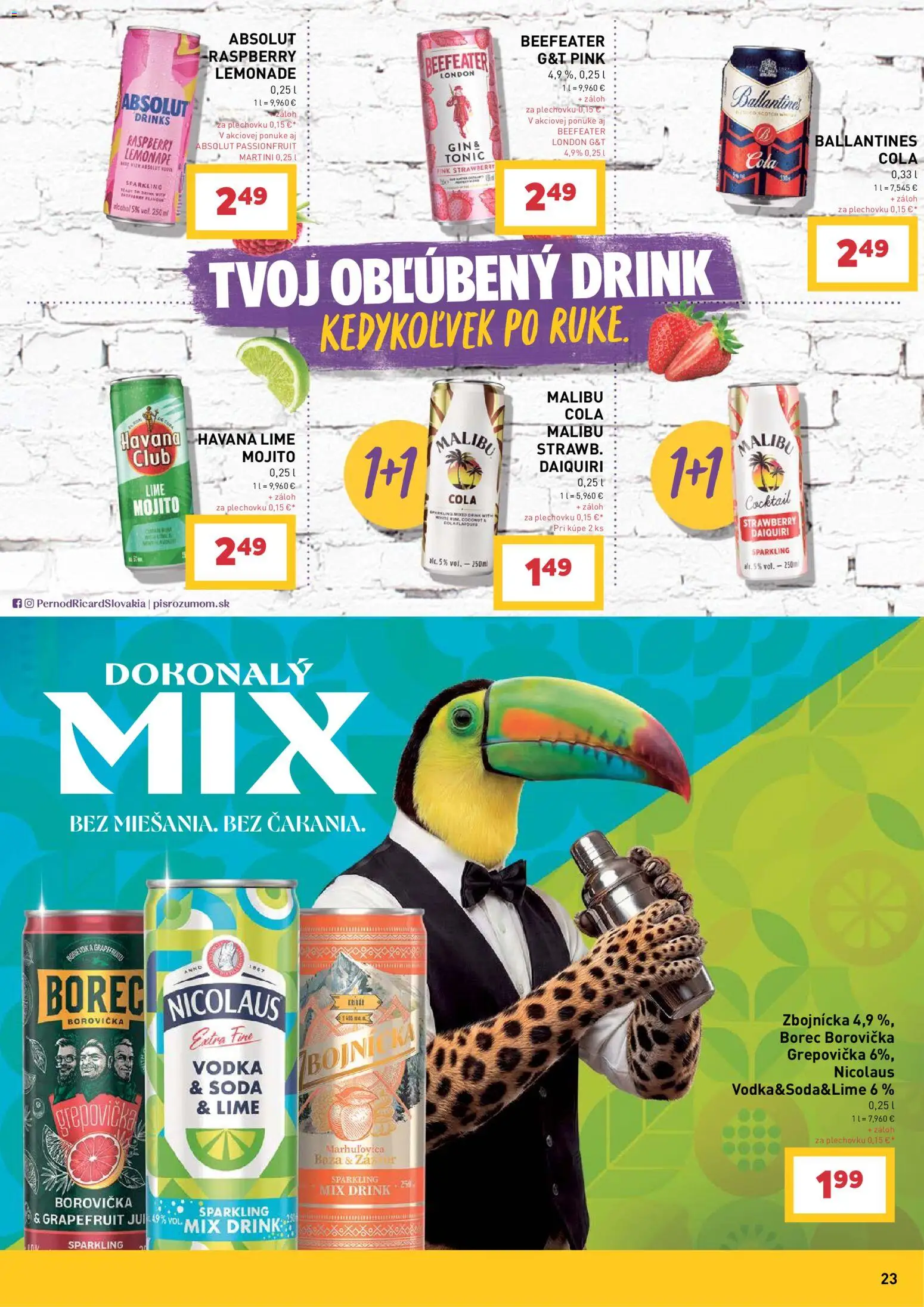 Nové Billa akcie – leták je platný od 08.07.2026 | Strana: 23 | Produkty: Borovička, Malibu, Nicolaus vodka, Ballantines
