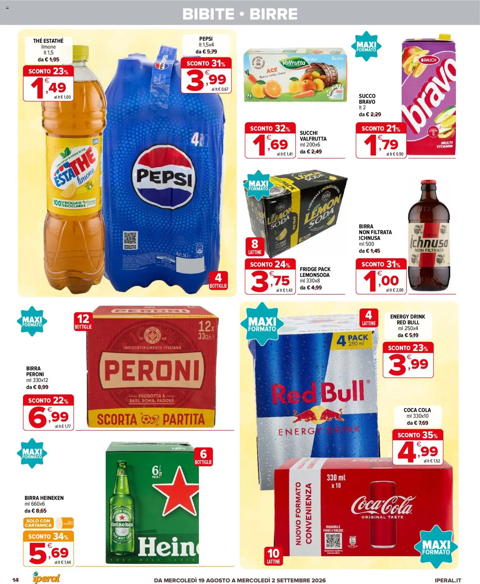 Volantino Iperal del 19/08/2026 | Pagina: 14 | Prodotti: Succo, Birra, Heineken, Pepsi