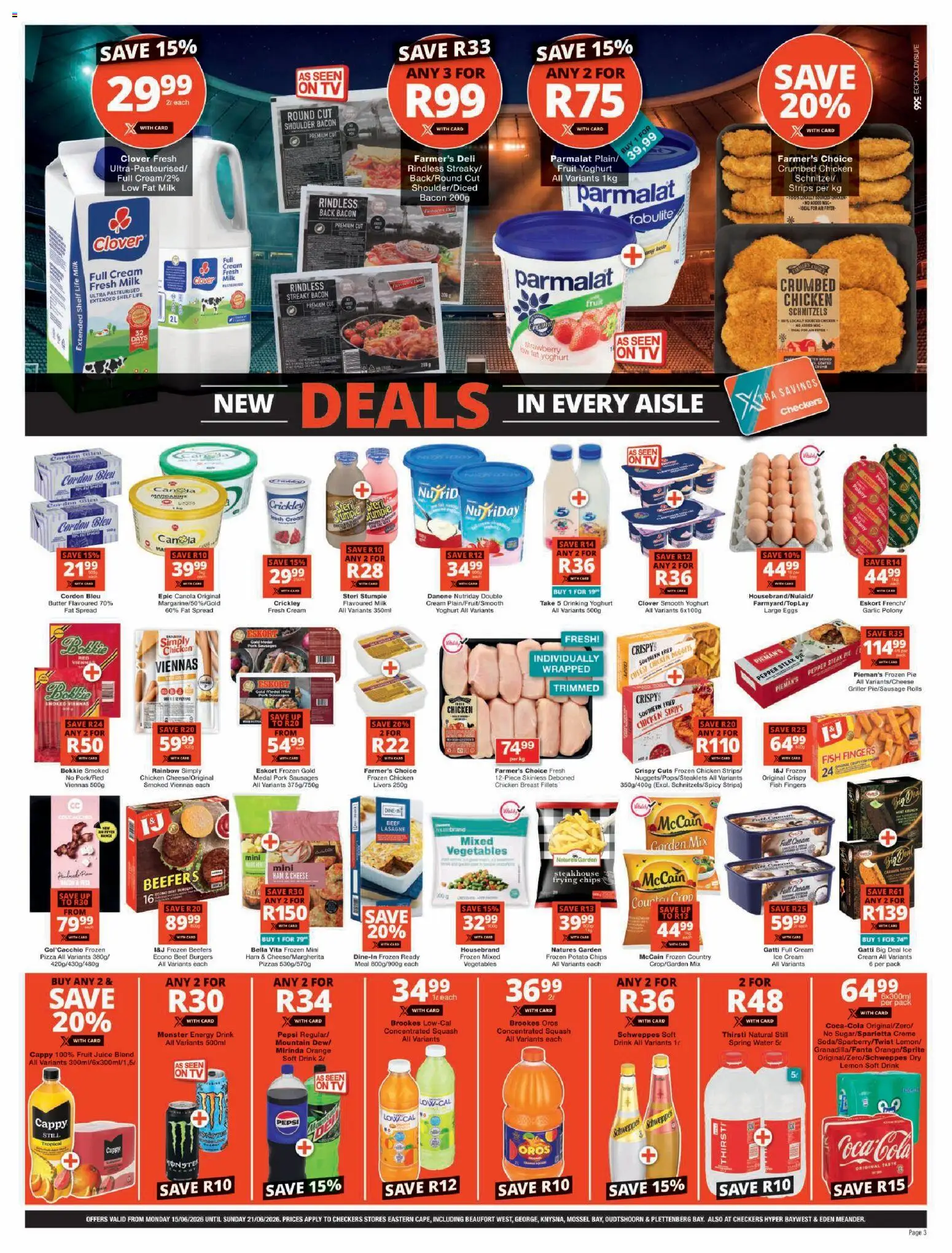 New Checkers catalogue – valid from 15.06.2026 | Page: 3 | Products: Pizza, Chips, Fat spread, Garlic