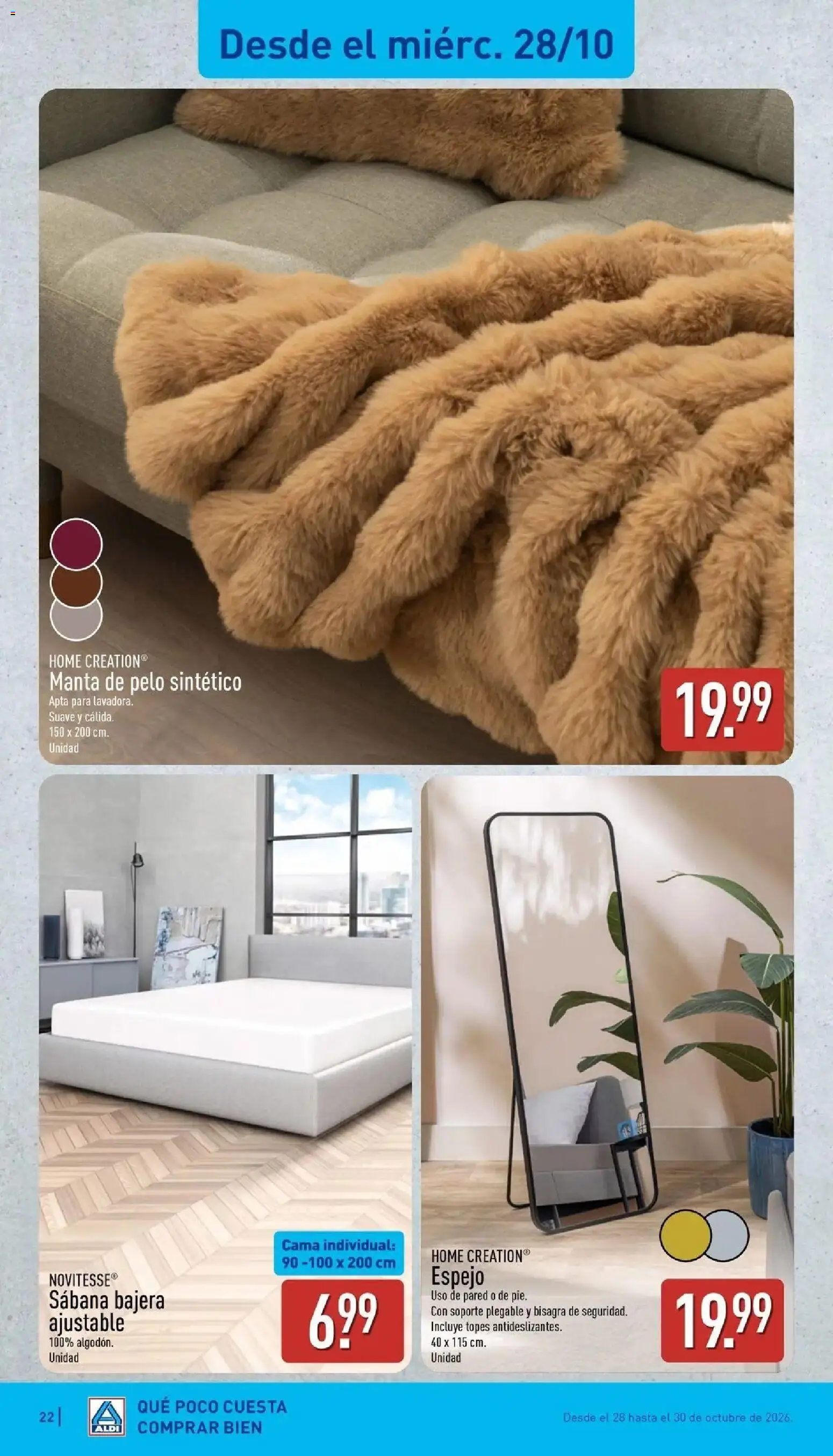 Aldi - Qué poco cuesta comprar bien │ válido desde el 26/10/2026 | Página: 22 | Productos: Manta, Cama, Espejo