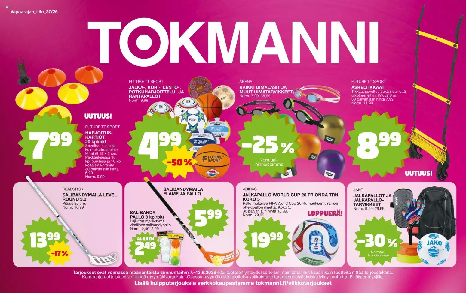 Tokmanni Erikoisliite – voimassa 07/09/2026 alkaen | Sivu: 1 | Tuotteet: Uimalasit, Jalkapallo, Voi, Tikkaat
