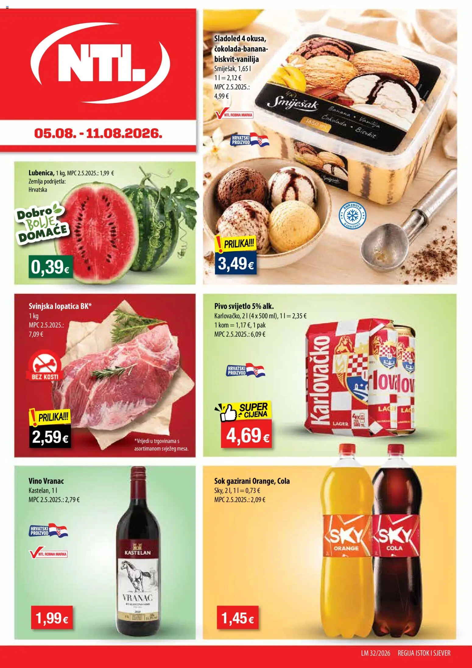 NTL katalog | vrijedi od 05.08.2026 | Stranica: 1 | Proizvodi: Svinjska lopatica, Sok, Pivo, Sladoled