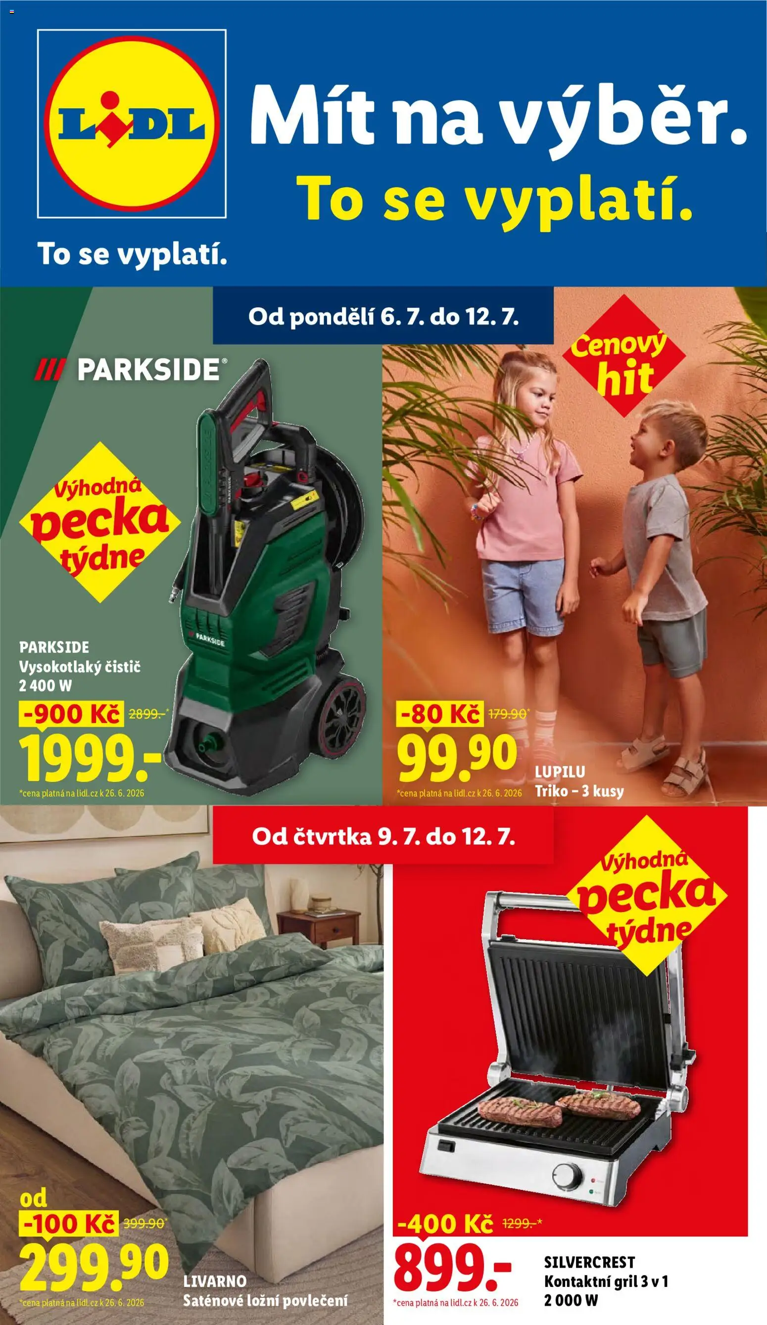 Lidl leták - Spotřební zboží od 06.07.2026 | Strana: 1 | Produkty: Kontaktní gril, Ložní povlečení, Gril, Vysokotlaký čistič