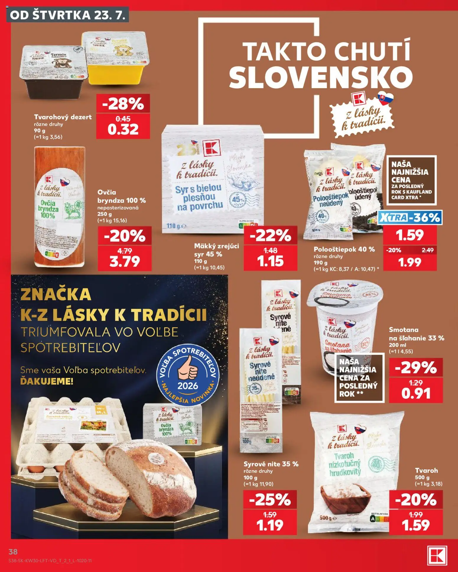 Nové Kaufland akcie – leták je platný od 23.07.2026 | Strana: 38 | Produkty: Syr, Smotana, Tvaroh, Smotana na šľahanie