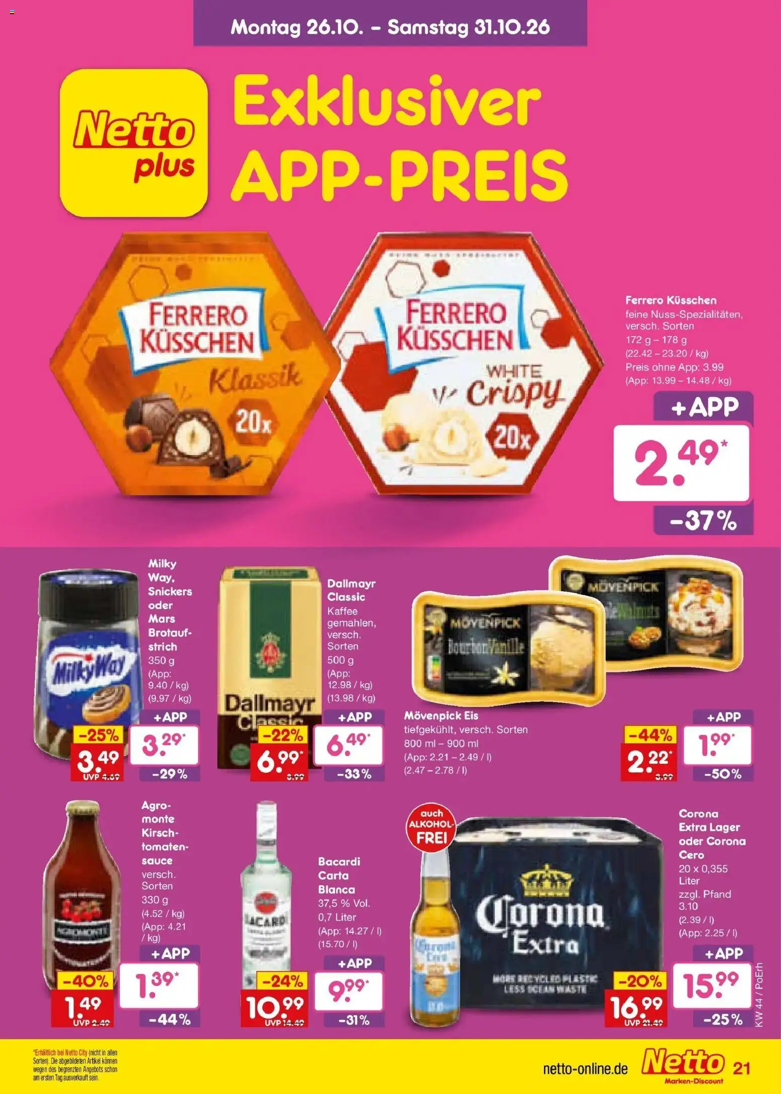 Netto Marken-Discount Prospekt Mauern – gültig ab 26.10.2026 | Seite: 29 | Produkte: Snickers, Dallmayr, Alkohol, Bourbon