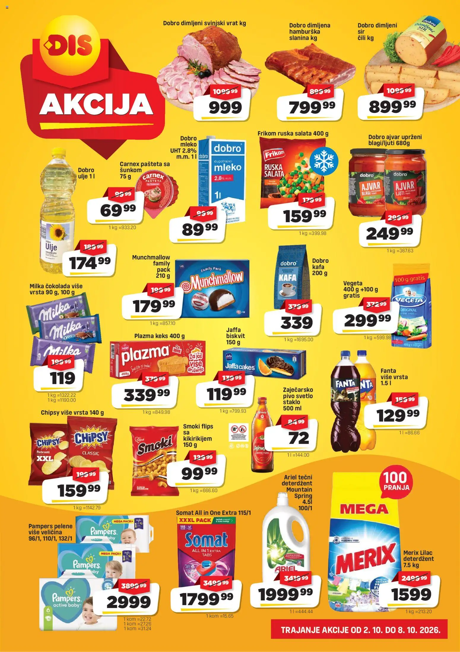 Super DIS katalog - važi od 02.10.2026 | Strana: 2 | Proizvode: Dimljeni svinjski vrat, Ulje, Čokolada, Pivo