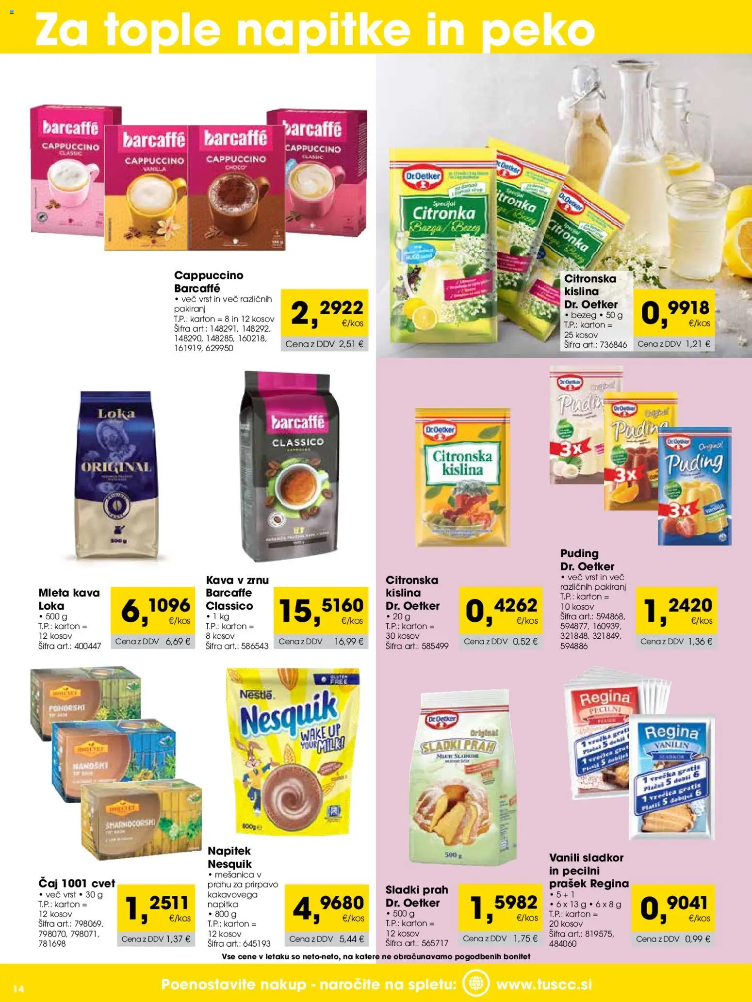 Novi Tuš katalog ponudbe – veljaven od 01.05.2026 | Stran: 14 | Izdelki: Prašek, Puding, Caj, Sladkor