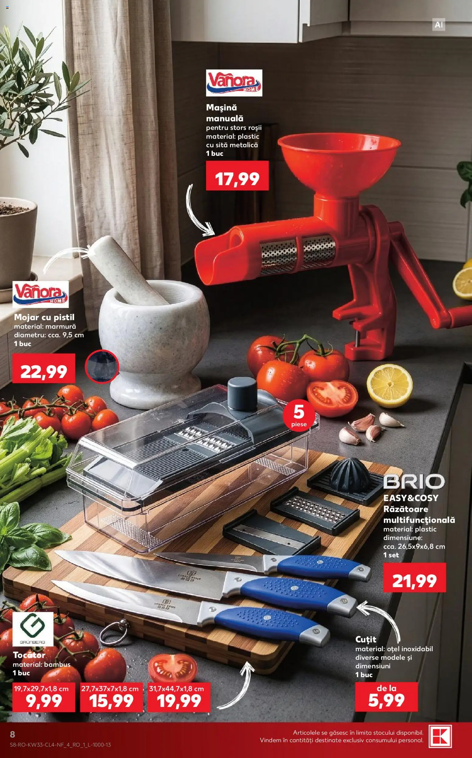 Noul catalog Kaufland – valabil de la 12.08.2026 | Pagină: 8 | Produse: Sită, Răzătoare, Cuțit, Roșii