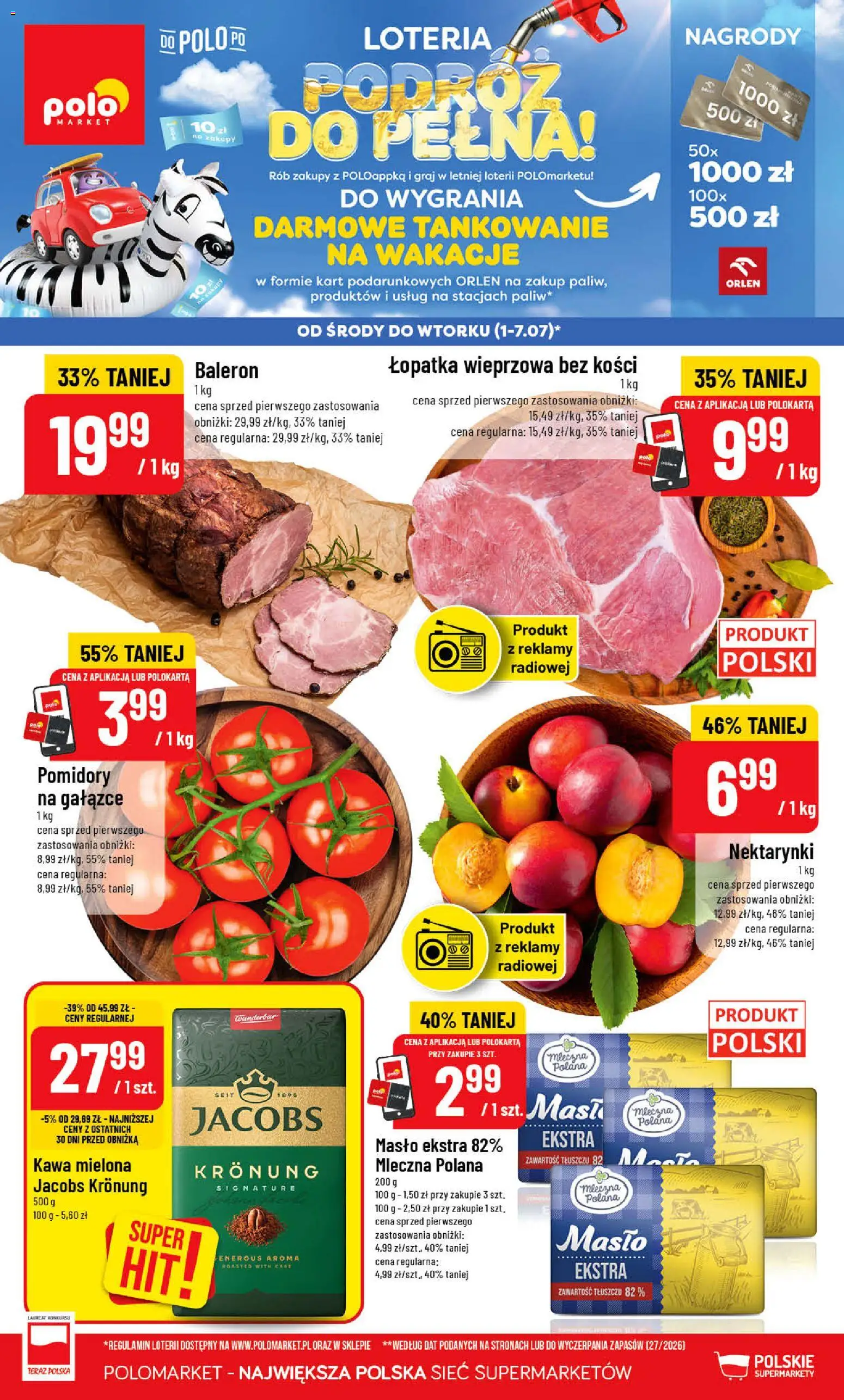 POLOmarket gazetka od 01.07.2026 | Strona: 1 | Produkty: Łopatka wieprzowa, Masło, Kawa, Pomidory