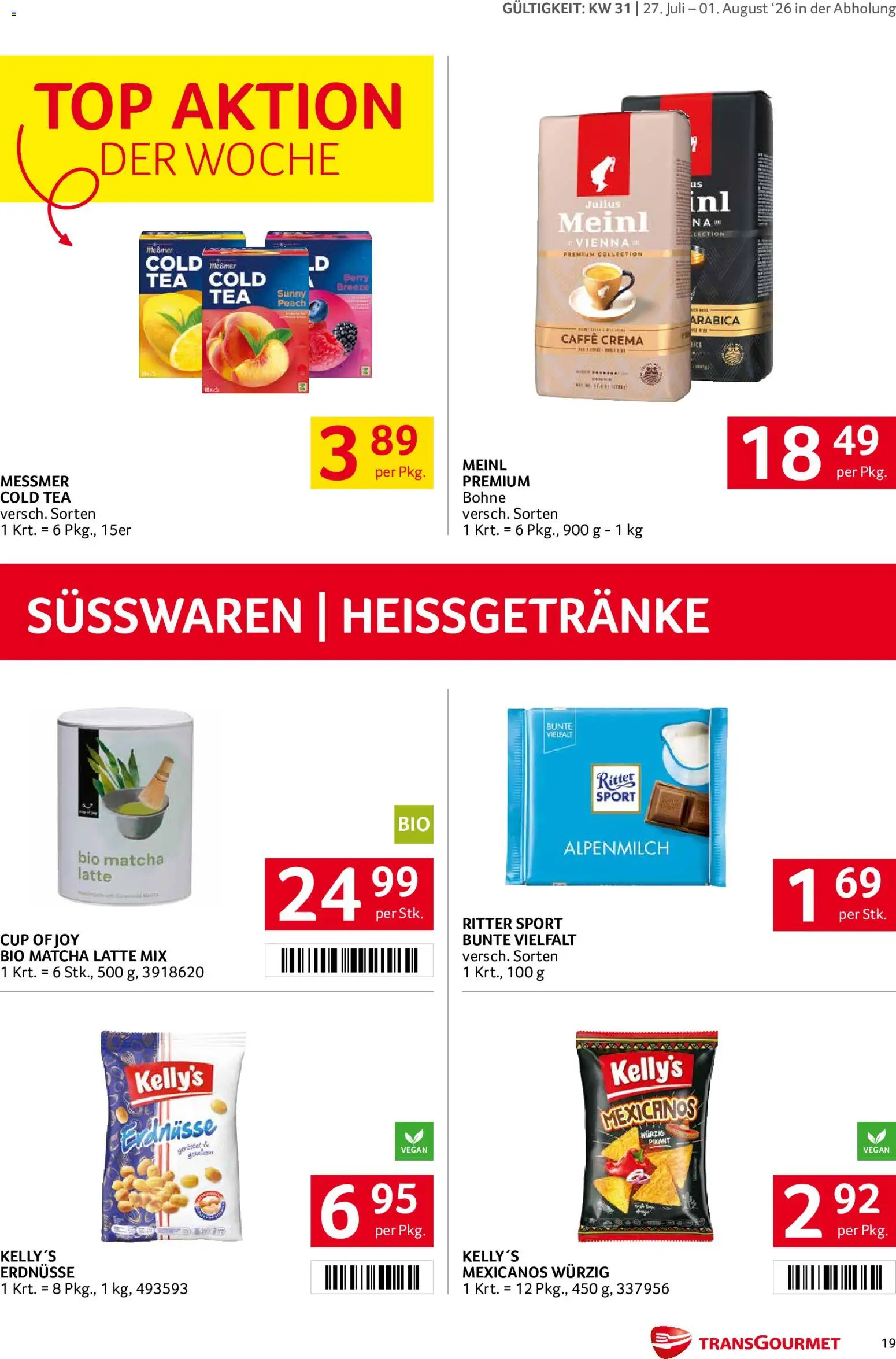 Transgourmet Flugblatt gültig ab 27.07.2026 | Seite: 19 | Produkte: Erdnüsse, Matcha, Bohne, Süßwaren