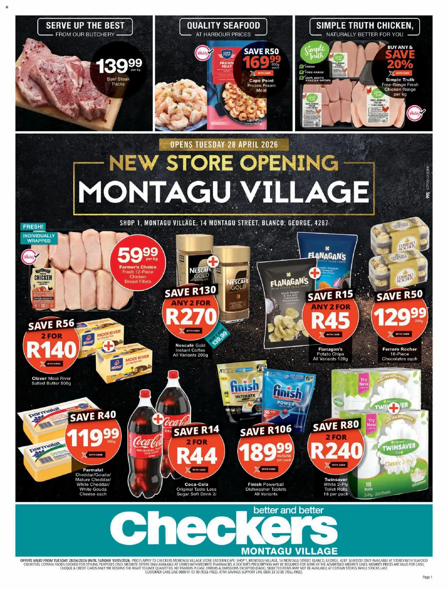 New Checkers catalogue – valid from 28.04.2026 | Page: 1 | Products: Butter, Coffee, Chips, Dishwasher tablets