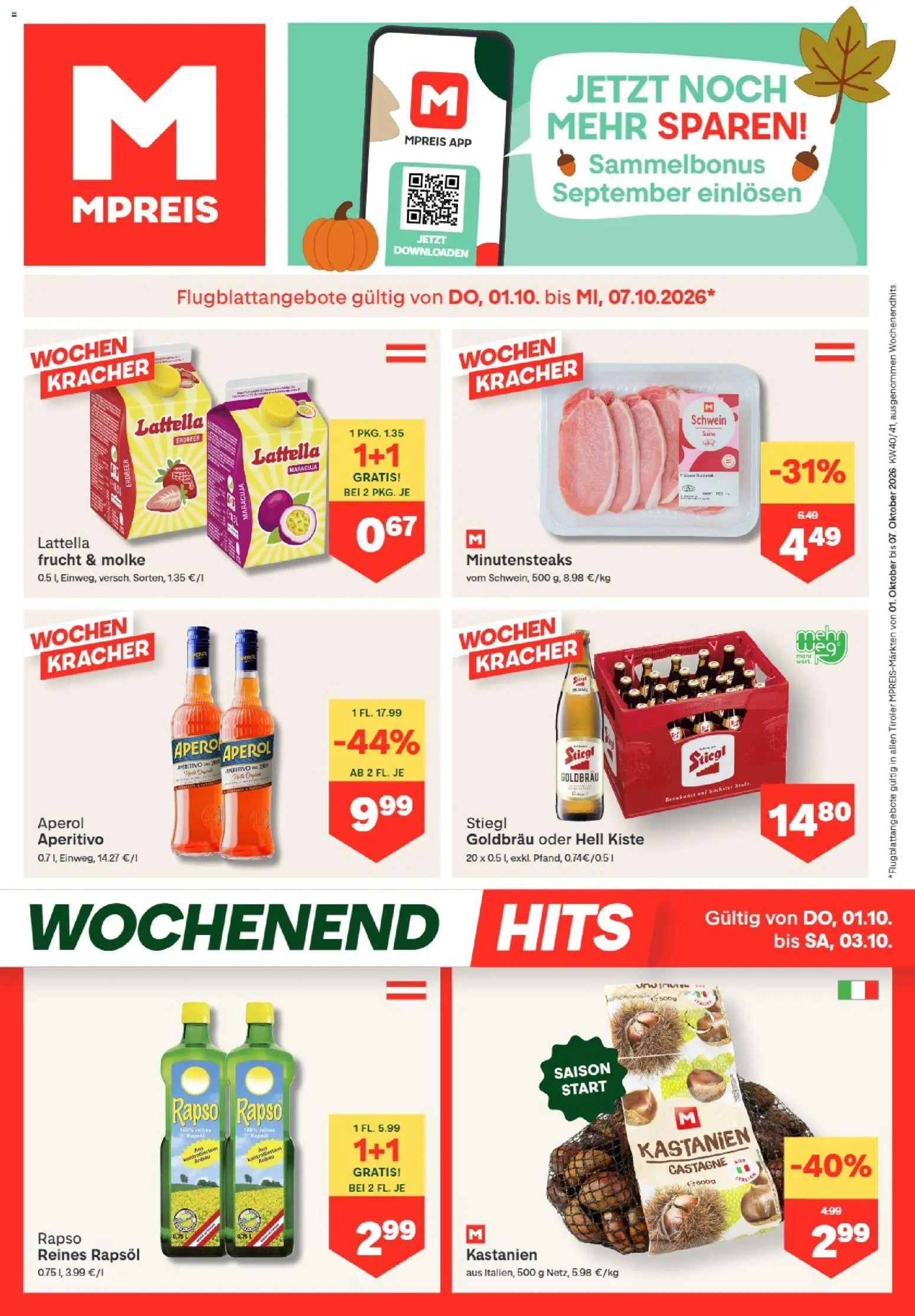 MPREIS Absam gültig ab 01.10.2026 | Seite: 1 | Produkte: Aperol, Rapsöl