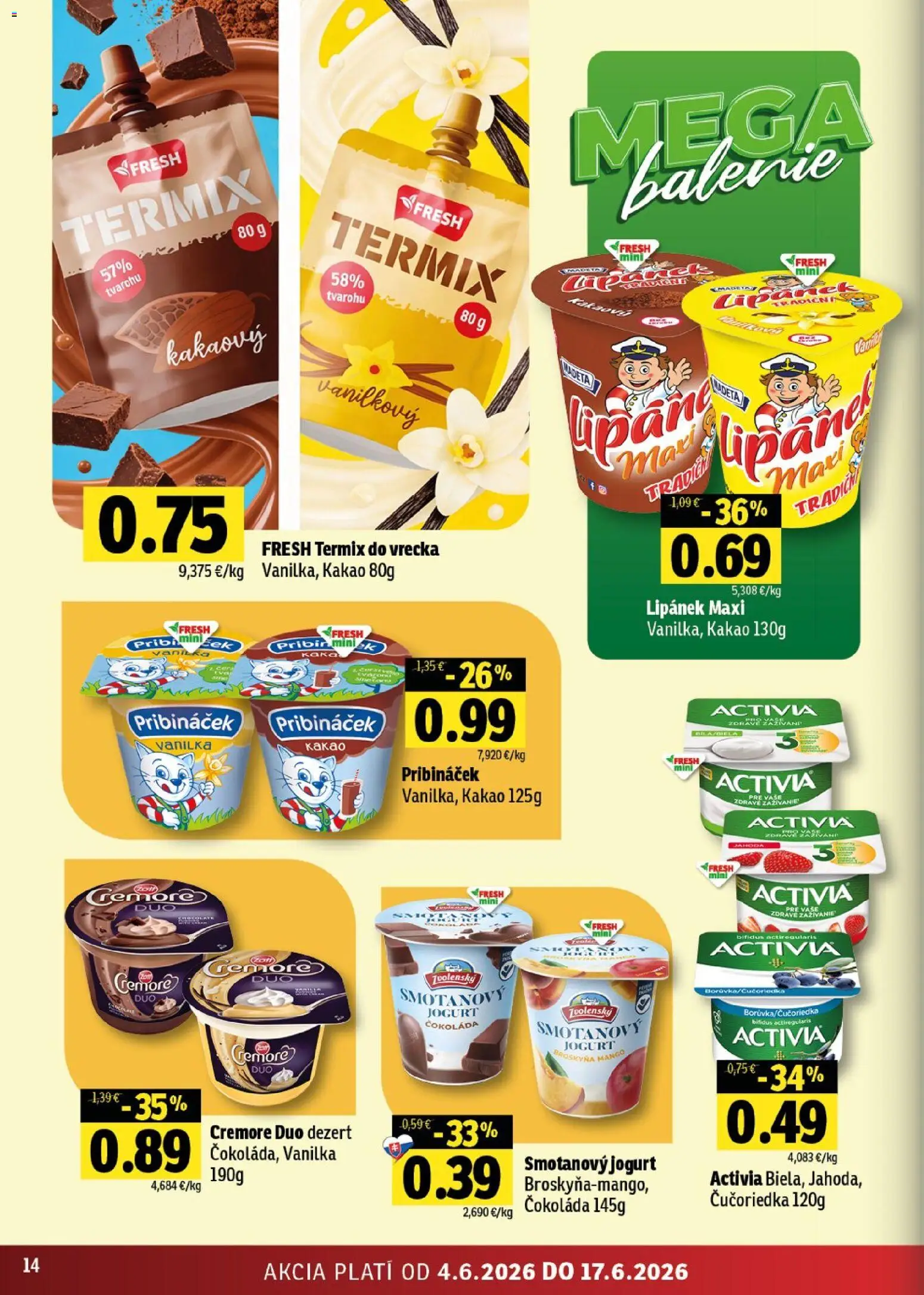Nové Fresh akcie – leták je platný od 04.06.2026 | Strana: 14 | Produkty: Jogurt, Čokoláda, Mango, Kakao