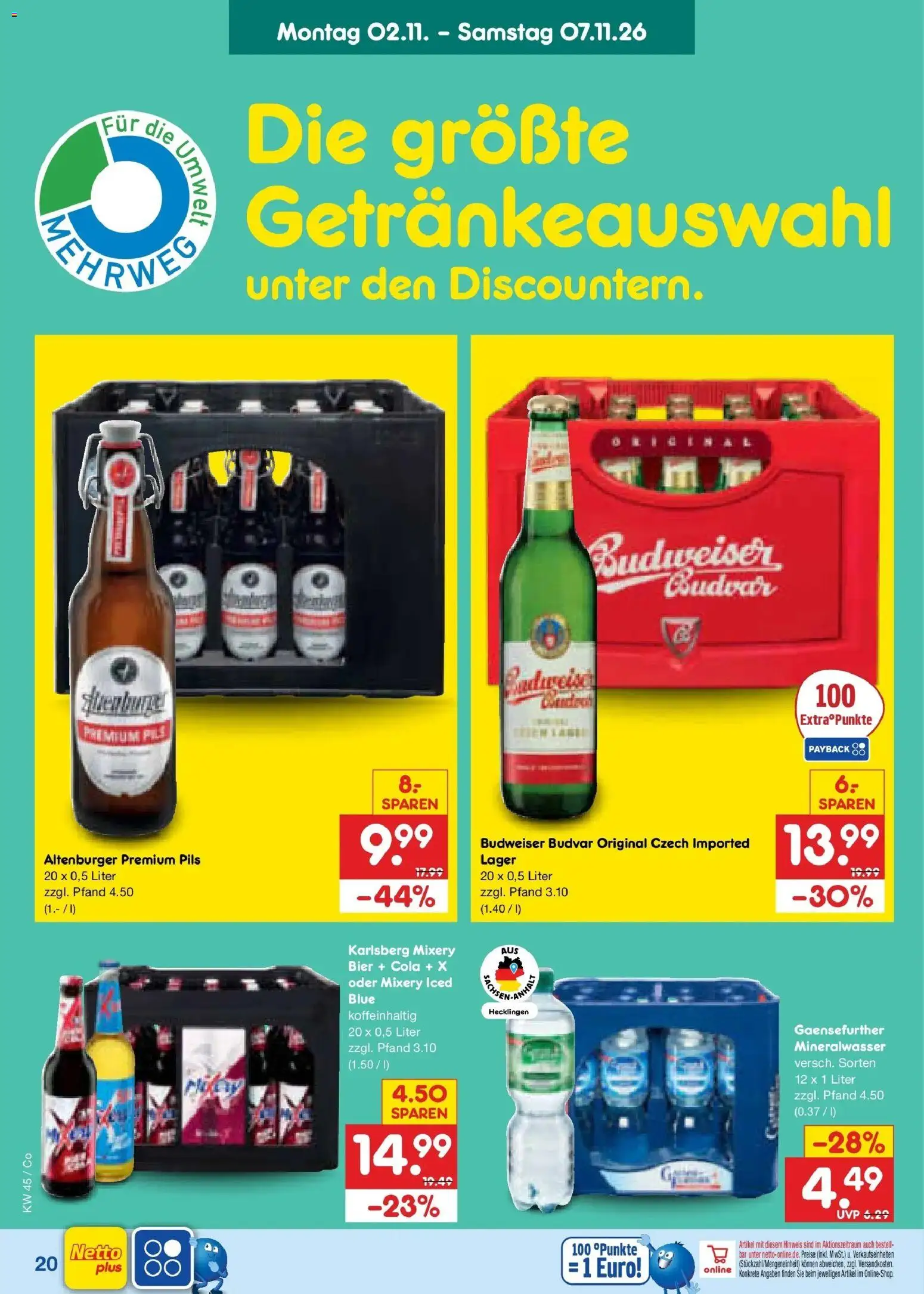 Netto Marken-Discount Prospekt Leipzig – gültig ab 02.11.2026 | Seite: 34 | Produkte: Pils, Mineralwasser, Budweiser, Mixery