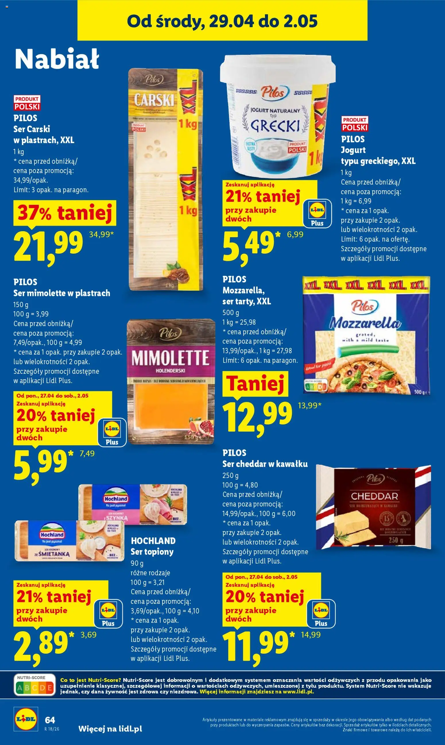 Lidl gazetka od 29.04.2026 | Strona: 64 | Produkty: Ser mimolette, Jogurt naturalny, Mozzarella, Ser cheddar