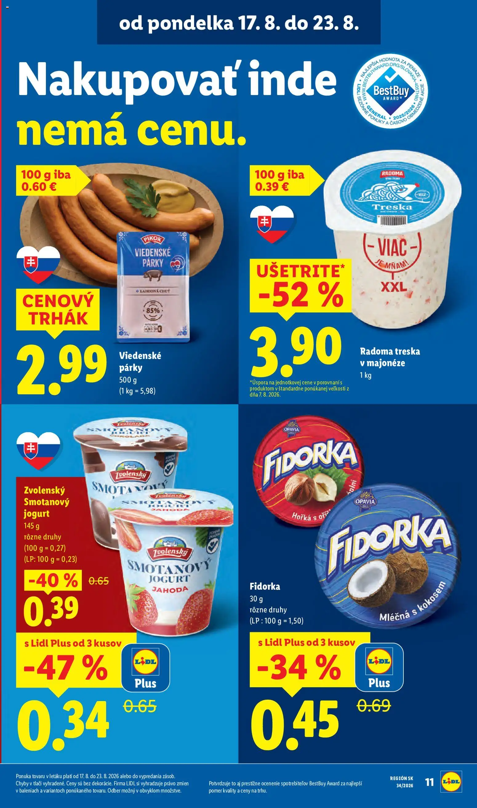 Nové Lidl akcie – leták je platný od 17.08.2026 | Strana: 15 | Produkty: Jogurt, Smotanový jogurt, Párky, Treska