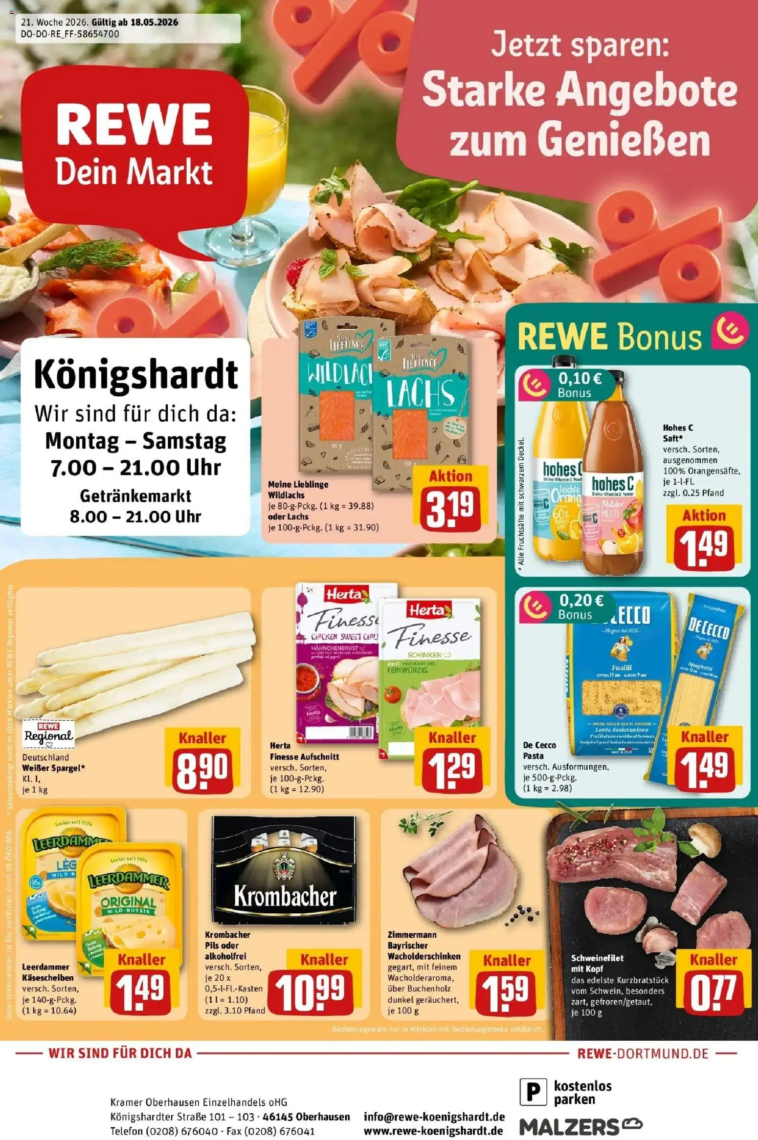 Rewe Prospekt Oberhausen – gültig ab 17.05.2026 | Seite: 1 | Produkte: Leerdammer, Lachs, Hohes c, Telefon