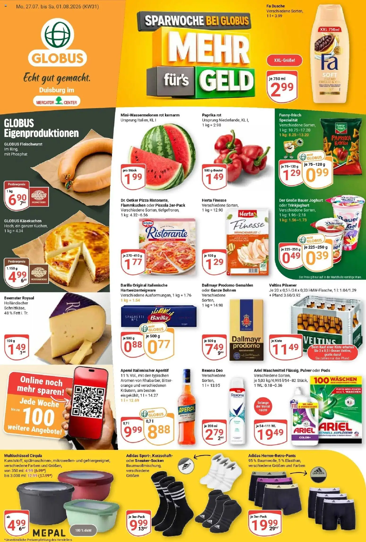 Globus Prospekt Duisburg – gültig ab 27.07.2026 | Seite: 3 | Produkte: Ariel, Paprika rot, Dusche, Pizza
