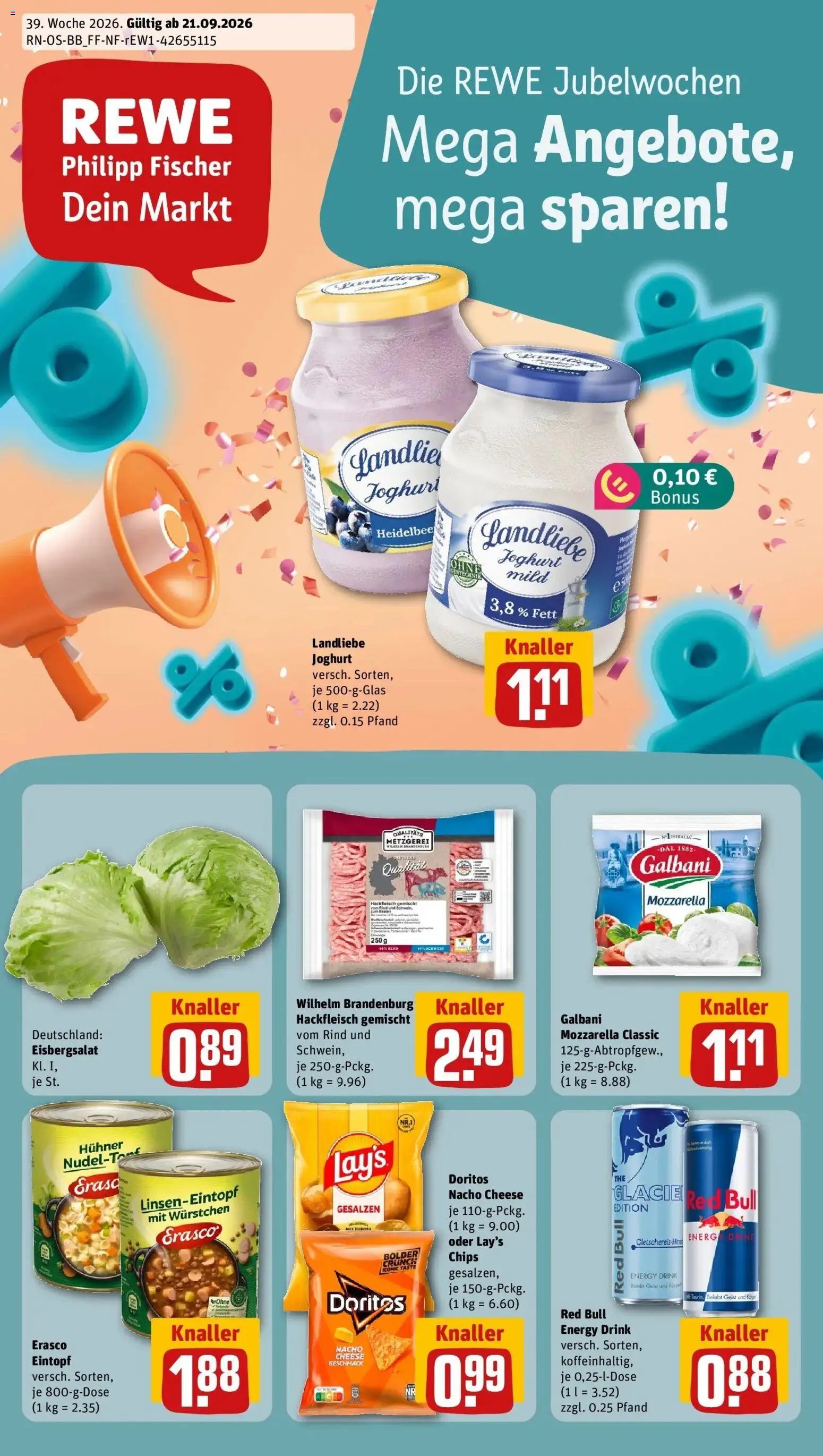 REWE Prospekt ab 21.09.2026 zum Blättern » Angebote | Seite: 1 | Produkte: Red bull, Energy, Joghurt, Erasco