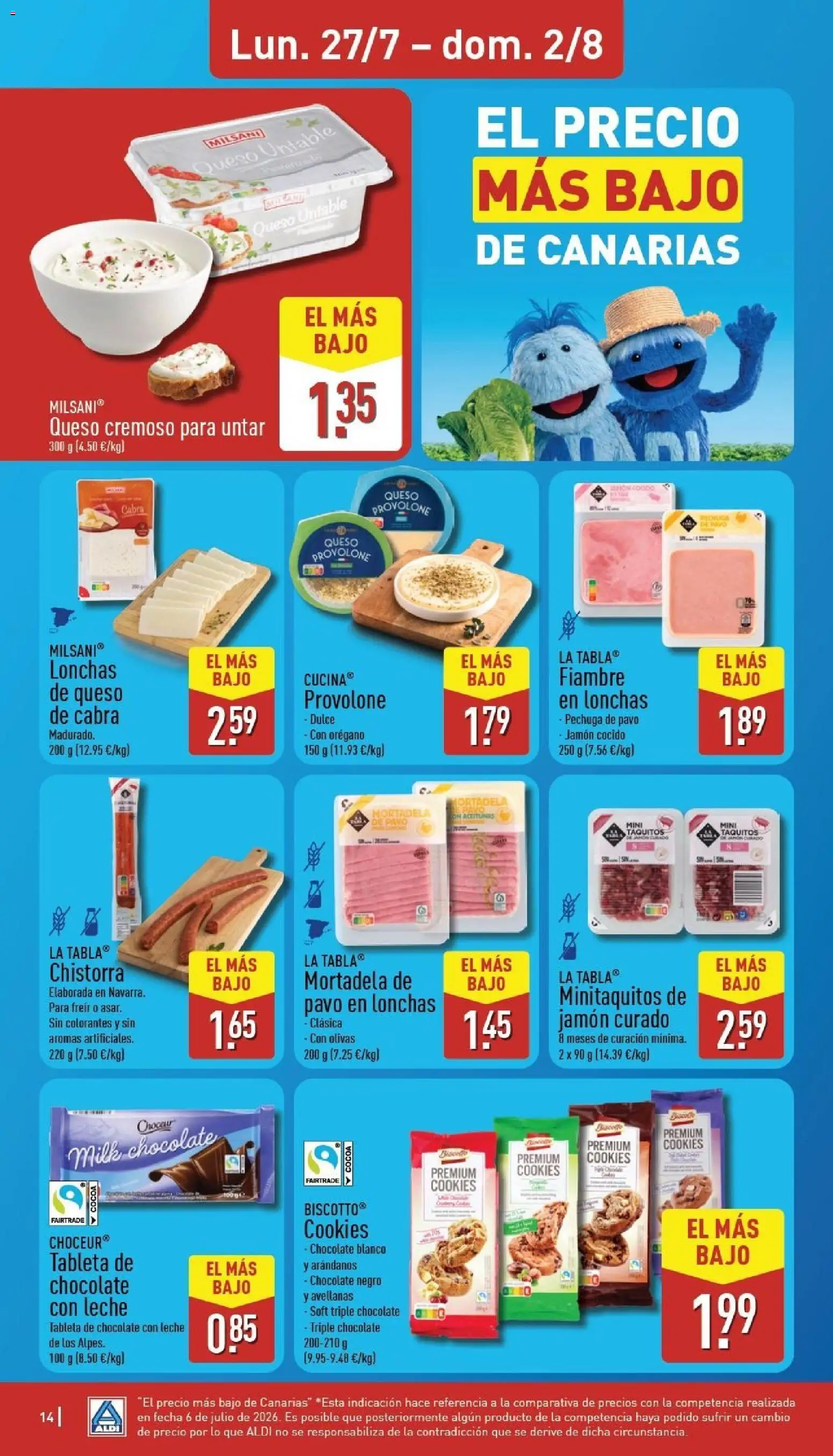 Aldi folleto Canarias │ válido desde el 27/07/2026 | Página: 14 | Productos: Queso, Chocolate, Jamón, Chocolate con leche