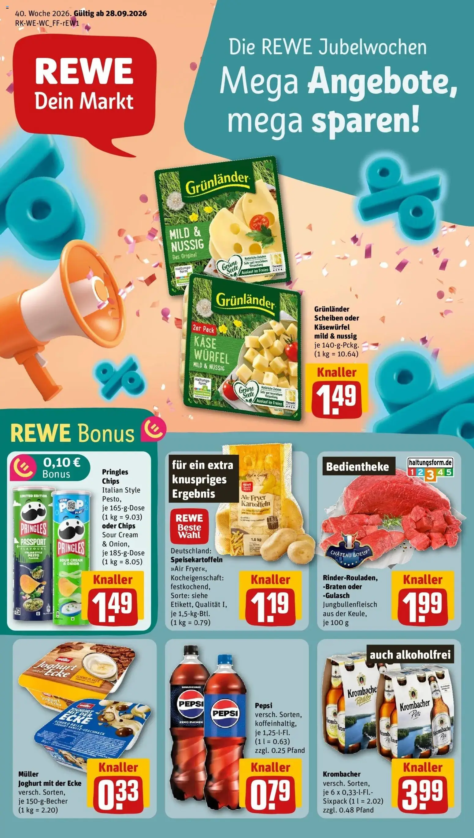 REWE Prospekt ab 28.09.2026 zum Blättern » Angebote | Seite: 1 | Produkte: Käse, Pils, Gulasch, Pepsi