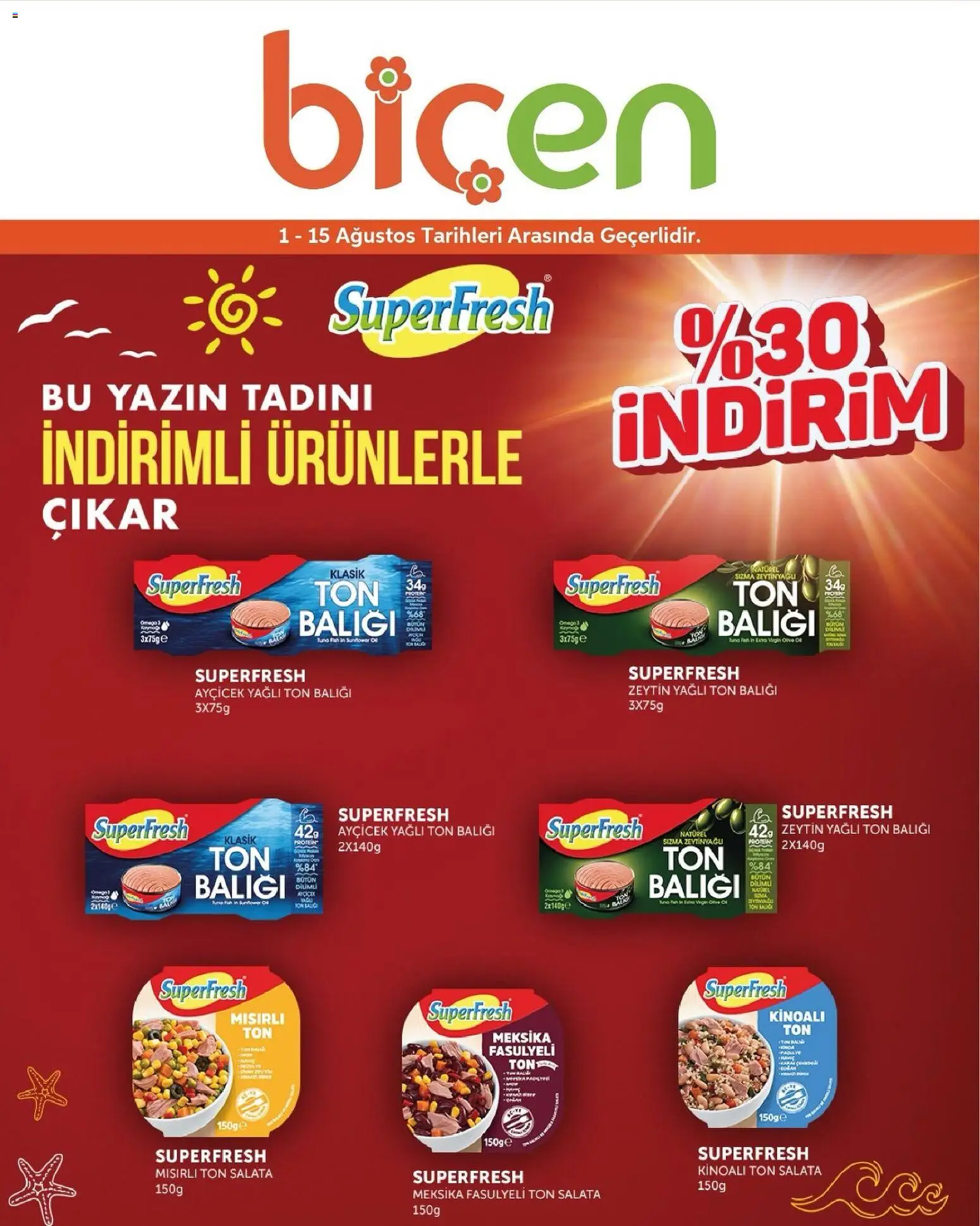 Biçen Market İndirim SuperFresh - 01 Ağustos 2026 tarihinden itibaren geçerlidir | Sayfa: 1 | Ürünler: Salata, Zeytin, Ton balığı