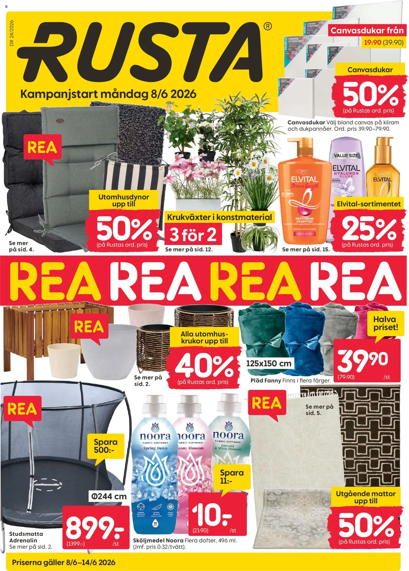 Rusta reklamblad aktuell från 08.06.2026 | Sida: 1 | Produkter: Pläd, Sköljmedel, Galler