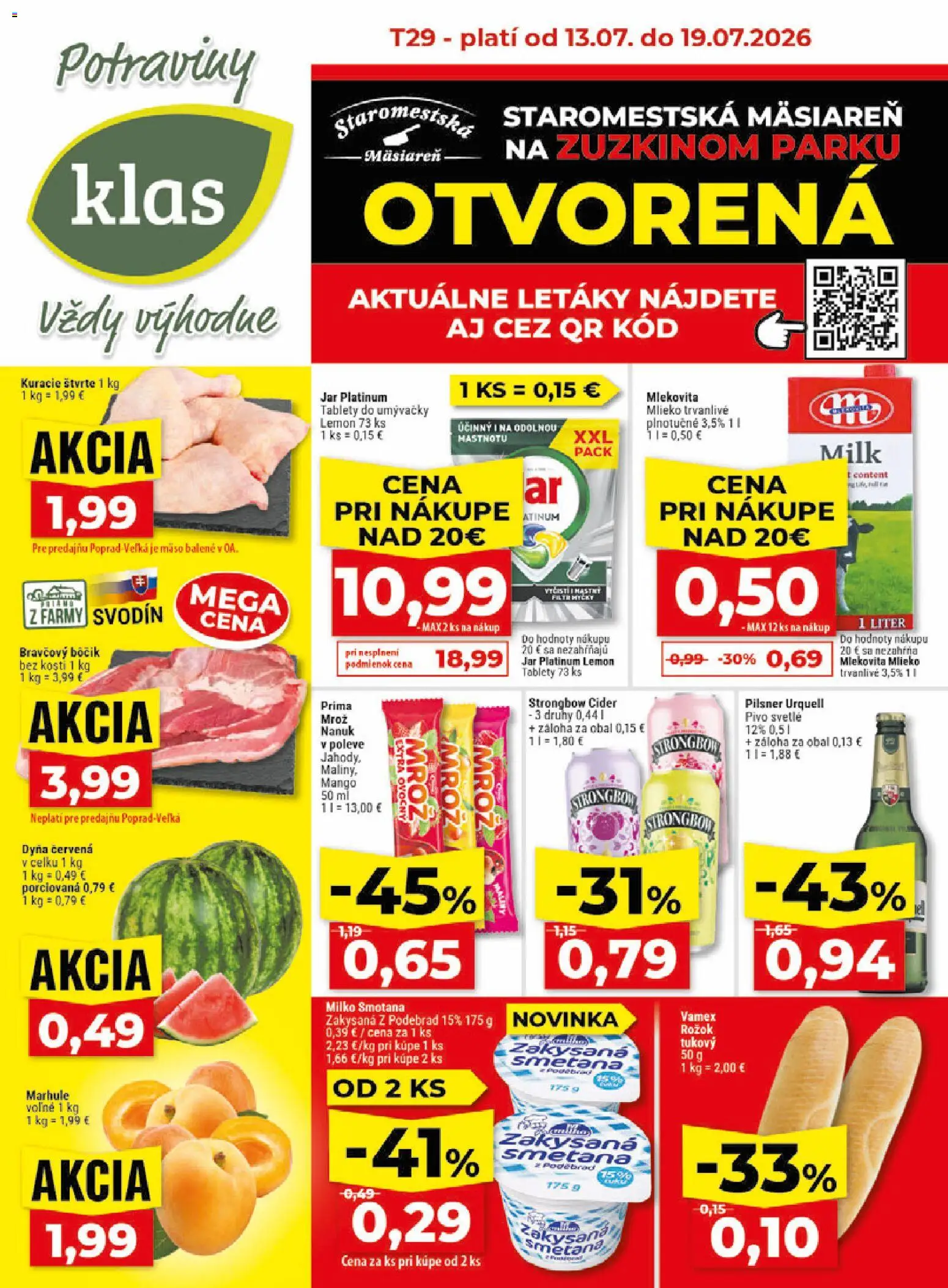 Nové Klas akcie – leták je platný od 13.07.2026 | Strana: 1 | Produkty: Mlieko, Smotana, Cider, Strongbow