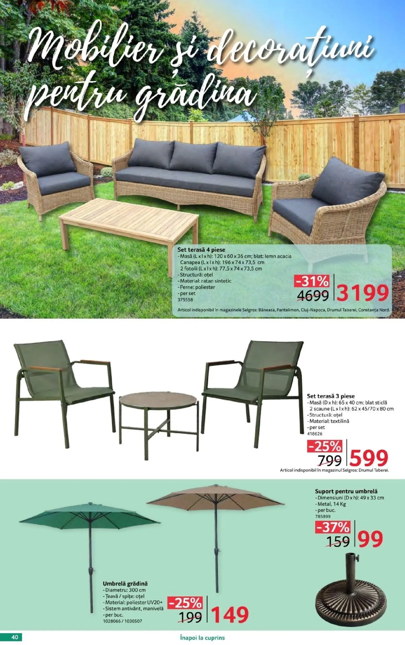 Noul catalog Selgros – valabil de la 17.04.2026 | Pagină: 40 | Produse: Umbrelă, Canapea, Masă, Țeavă