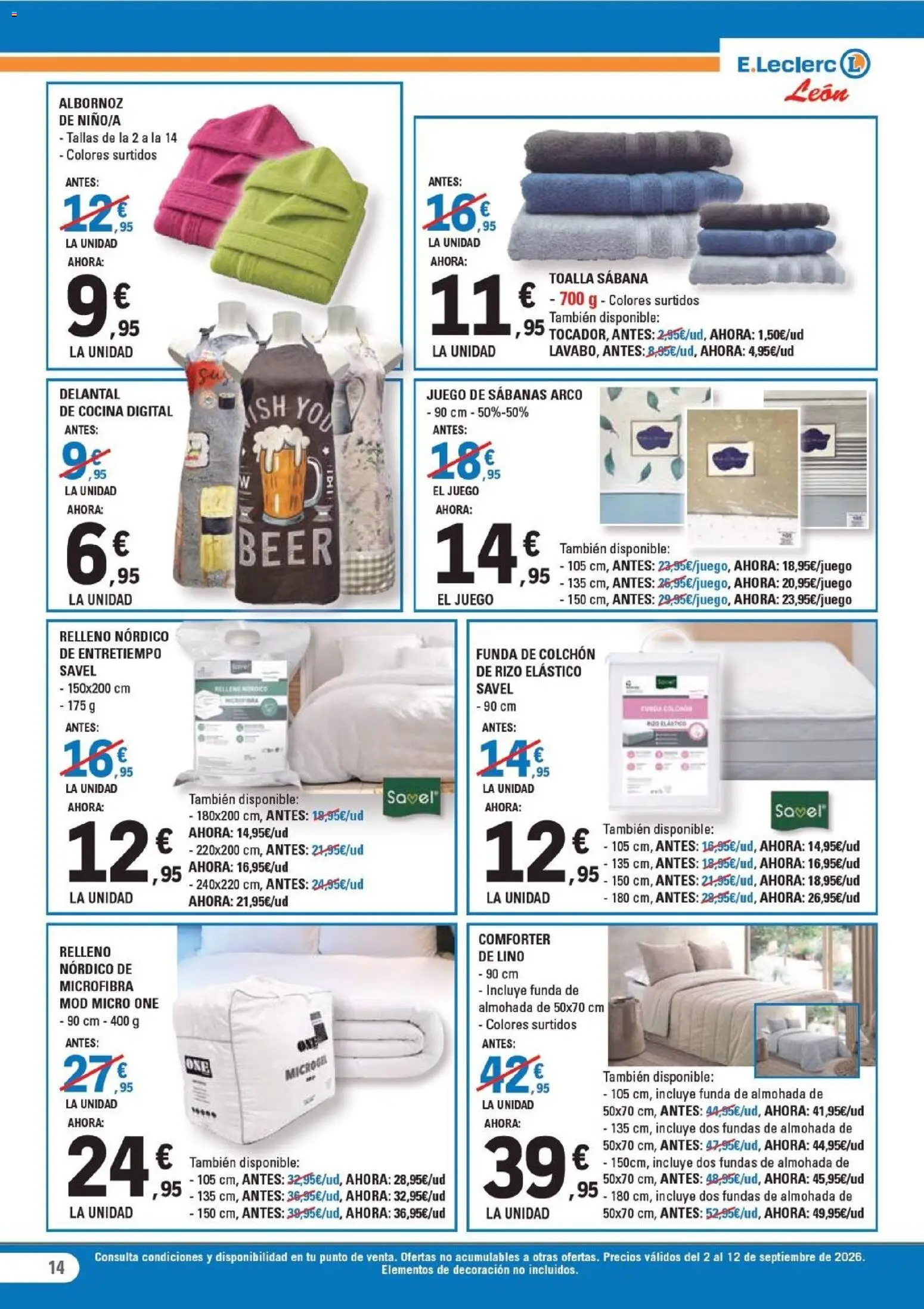 E.Leclerc folleto León │ válido desde el 02/09/2026 | Página: 14 | Productos: Juego de sábanas, Colchon, Funda, Almohada