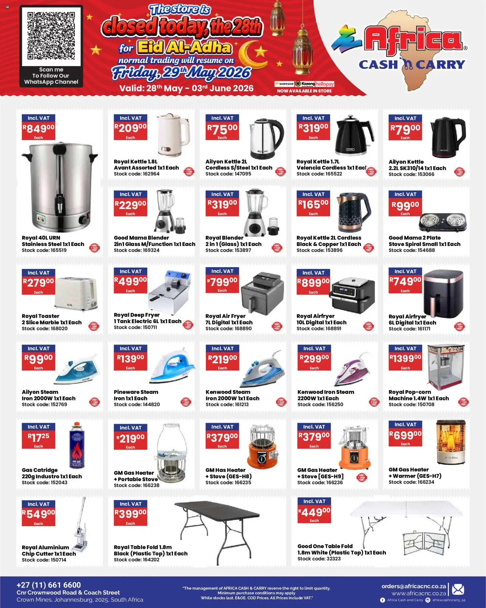New Africa Cash & Carry catalogue – valid from 28.05.2026 | Page: 31 | Products: Kettle, Deep fryer, Heater, Stock
