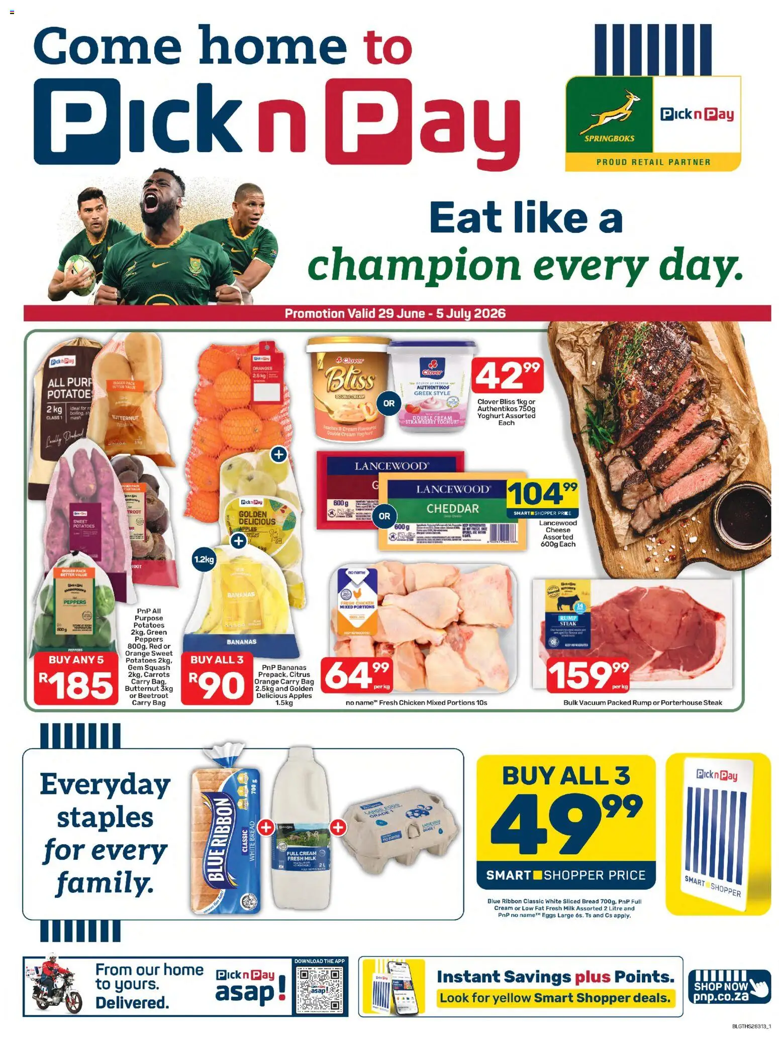 New Pick n Pay catalogue – valid from 29/06/2026 | Page: 1 | Products: Steak, Apples, Bananas, Potatoes