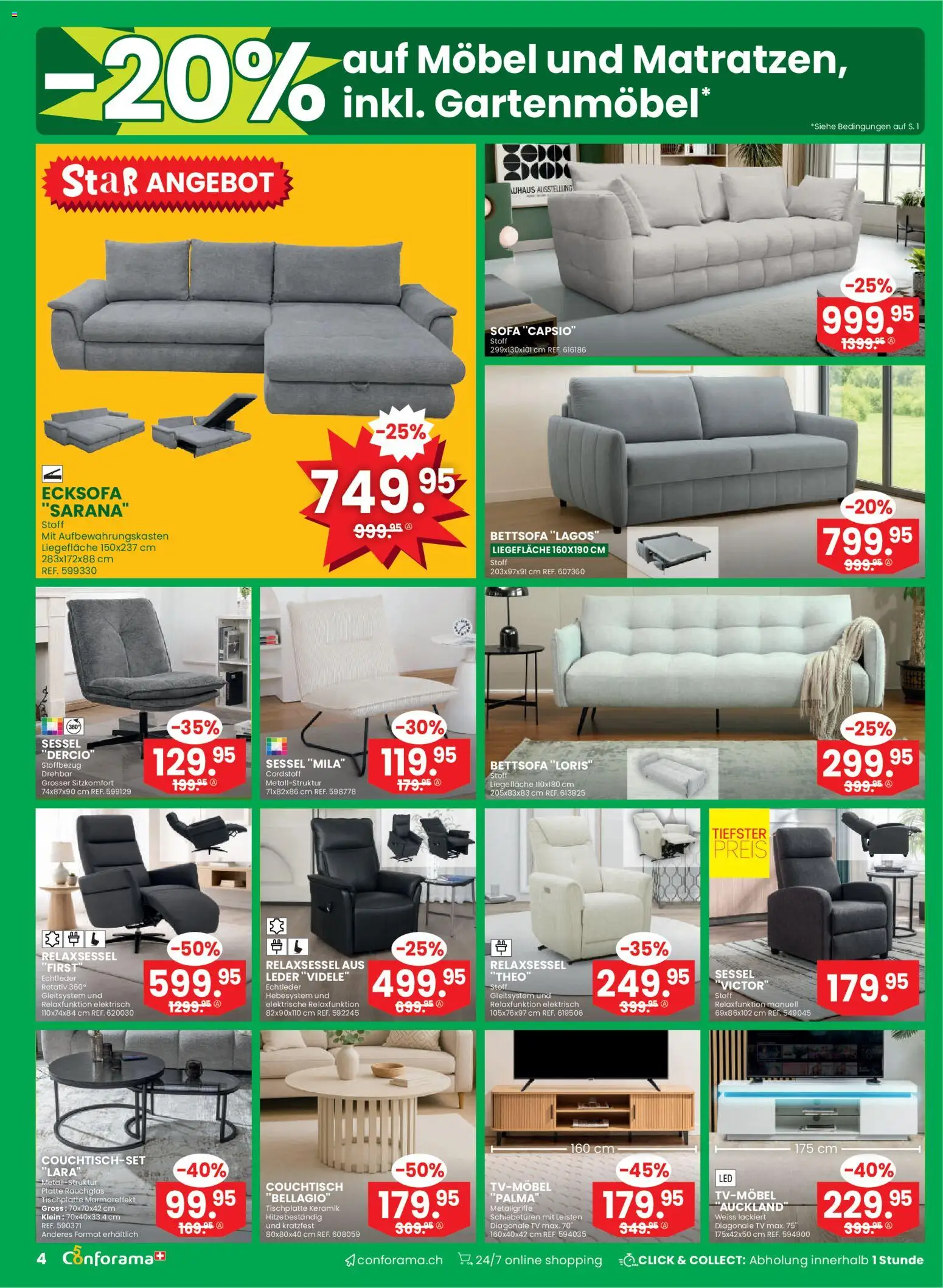 Conforama aktionen – gültig ab 08.04.2026 | Seite: 4 | Produkte: Couchtisch, TV, Ecksofa, Relaxsessel